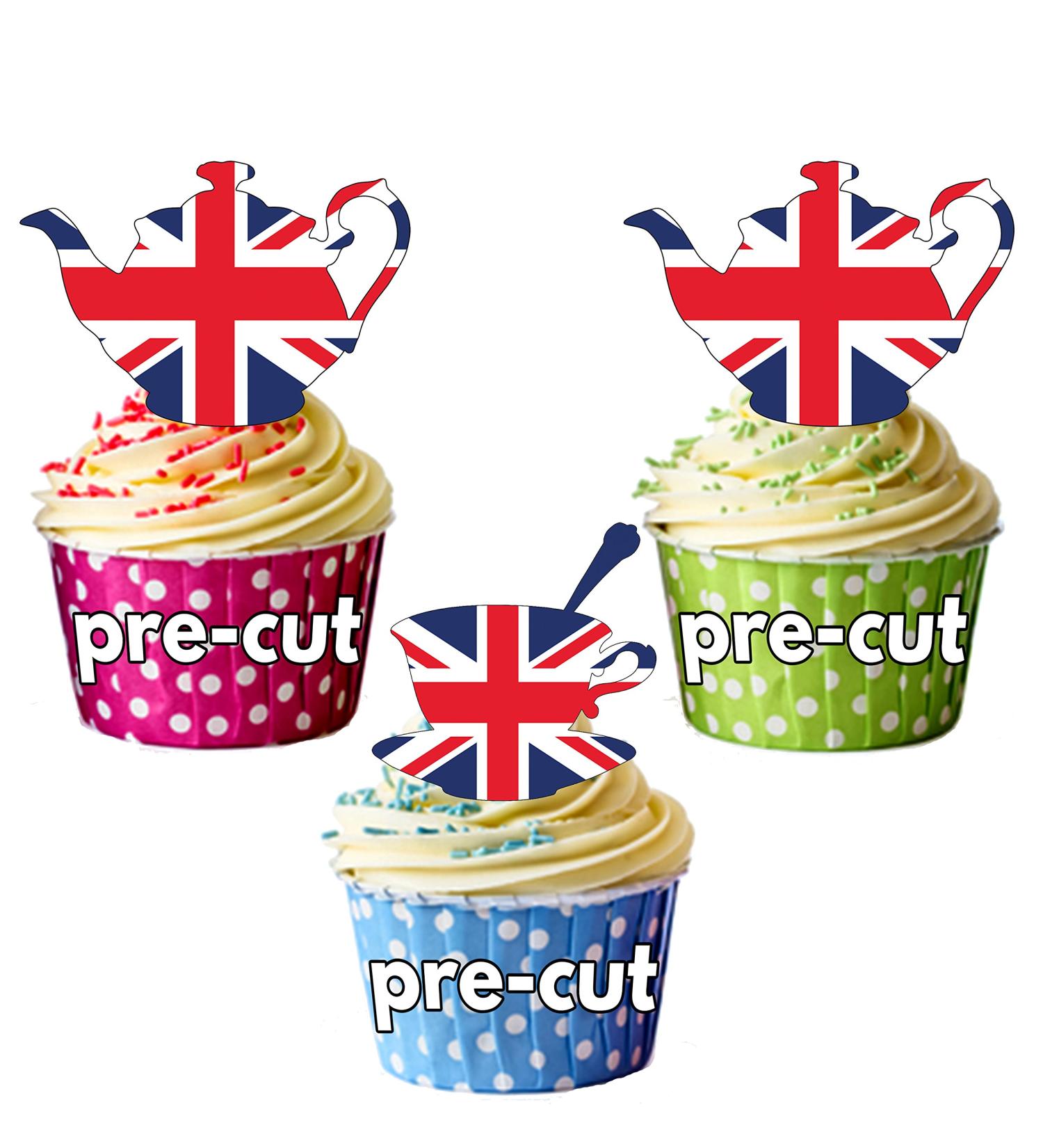 PRE-CUT Union Jack Tea Cup & Tea Pot Mix - Edible Cupcake Toppers/Cake Decorations King Coronation
