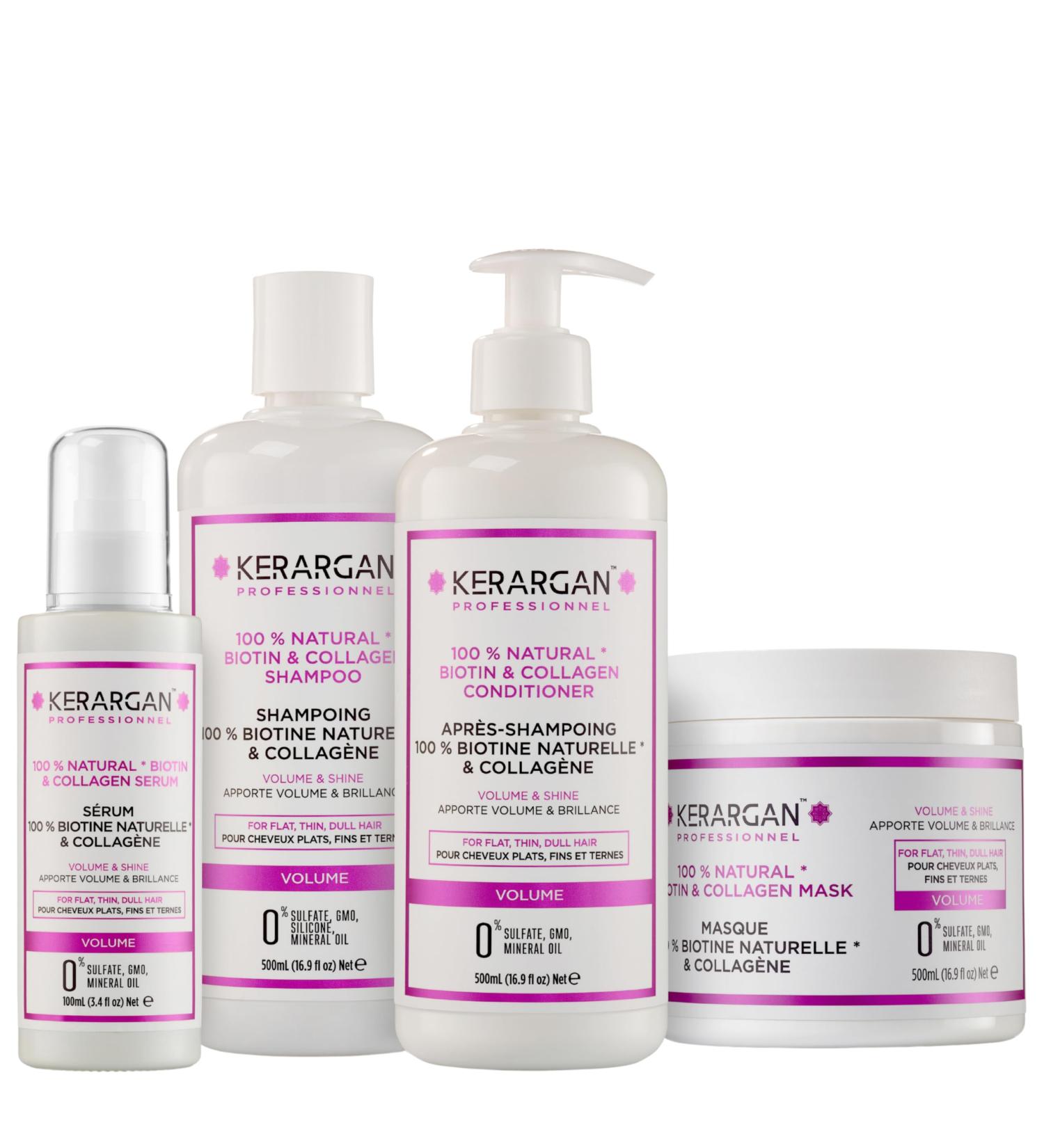 Kerargan - Ensemble Volumisant Shampoing Apr s-shampoing Masque & S rum la Biotine & Collag ne pour Cheveux Plats Fins et Ternes - Volume et Brillance - Sans Sulfate & OGM - 3x500ml & 1x100ml Biotine et Collag ne 400 ml (Lot de 4) - Buy Online on GoSupps.com