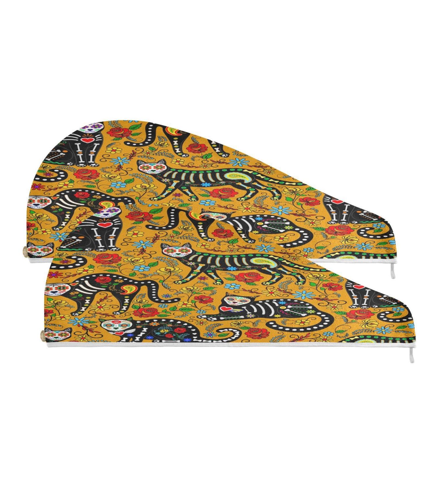 Buy Sugar Skull Black Cats Dry Hair Cap Set Quick Drying Towel & Button Headband | Super Absorbent & Soft for All Hair Types | International Shipping Available - Buy Online on GoSupps.com