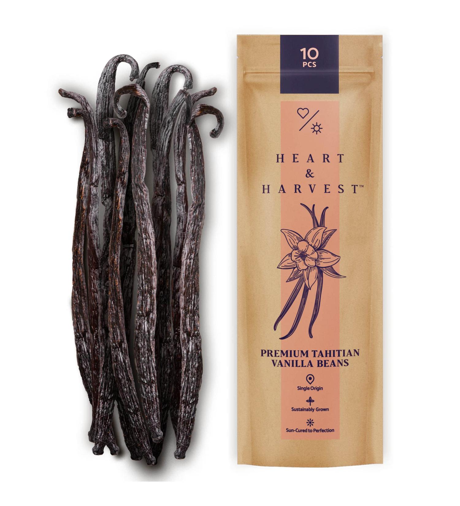 Heart & Harvest Premium Tahitian Vanilla Beans Grade A - Pack of 10 Whole Pods | 5-6 Long Sticks for Baking, Ice Cream, Syrup | Ideal for Vanilla Powder & Extract - Buy Online on GoSupps.com