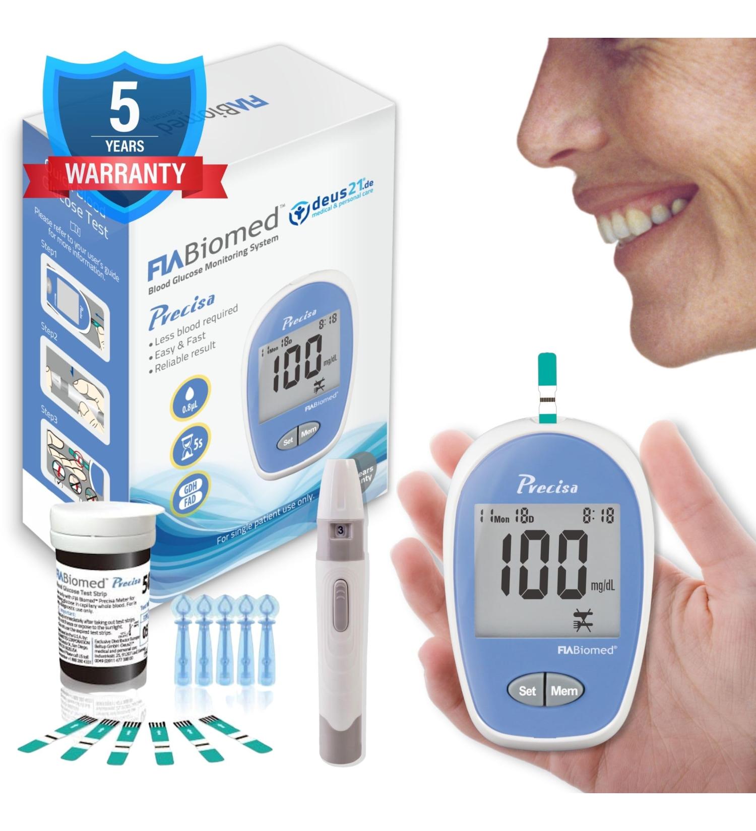 Fiabiomed Precisa: Certified Blood Sugar Measuring Device Set with 50 Test Strips & Lanzetten | High-Precision Portable Diabetes Monitor with Stechhilfe & Tasche - Germany - Buy Online on GoSupps.com