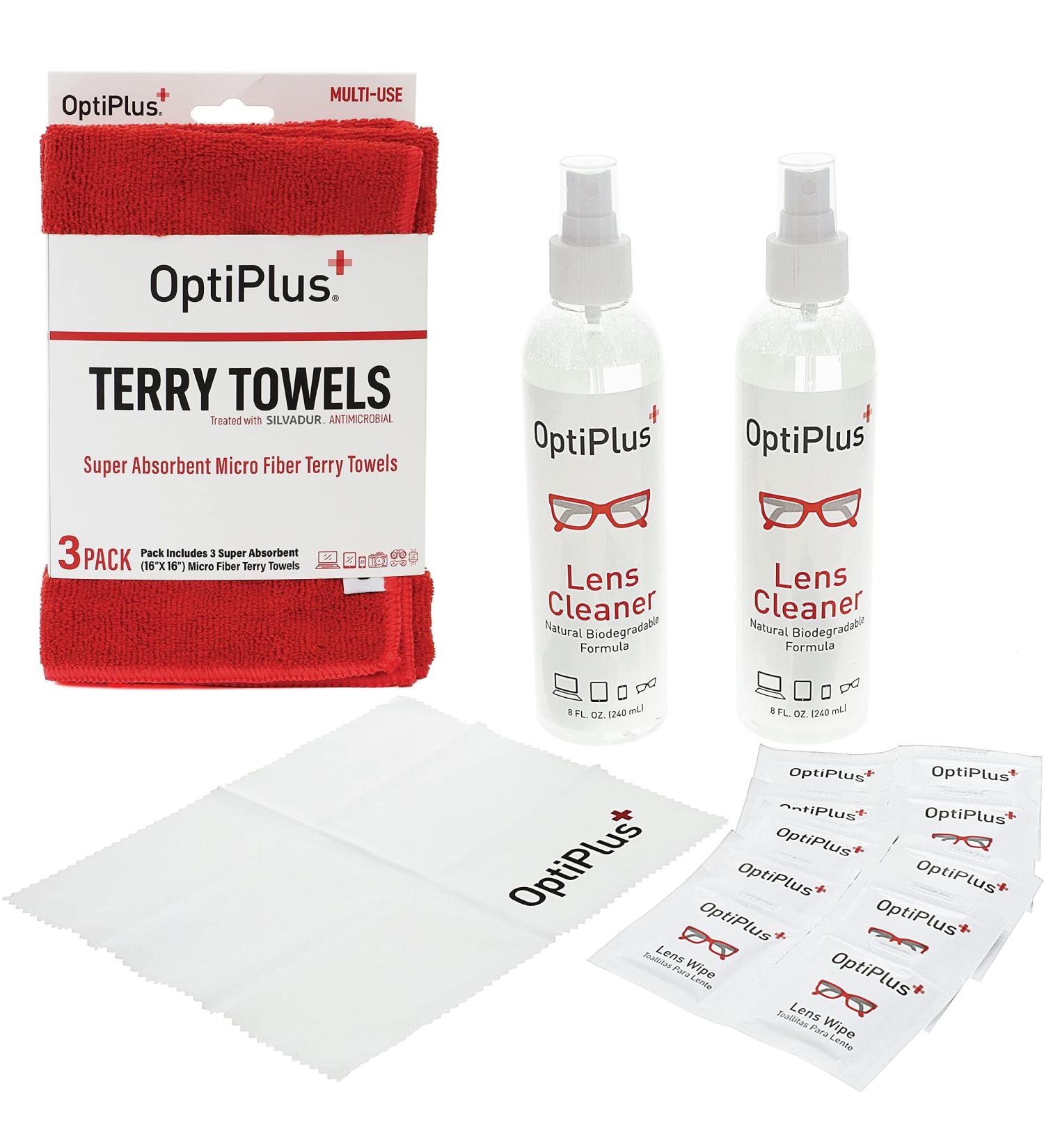 OptiPlus 16oz All Natural Lens and Screen Cleaning Pack - Lens Wipes, Microfiber Cloth, Terry Towel - Red (3 Pack) - Buy Online on GoSupps.com