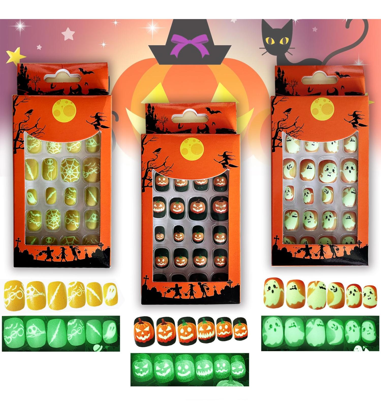 Halloween Luminous Press-On False Nails for Kids | 3 Boxes of Themed Fake Nails with Adhesive Tabs | Short Full Cover Nail Art Decoration - Buy Online on GoSupps.com