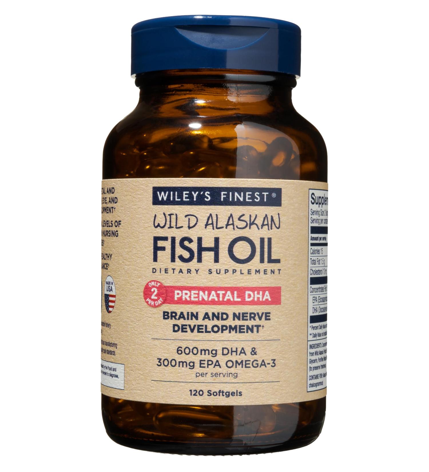 Wiley's Finest Wild Alaskan Fish Oil Prenatal DHA - 600mg Omega-3s for Pregnant & Nursing Women - 120 Softgels (60 Servings) - Buy Online on GoSupps.com