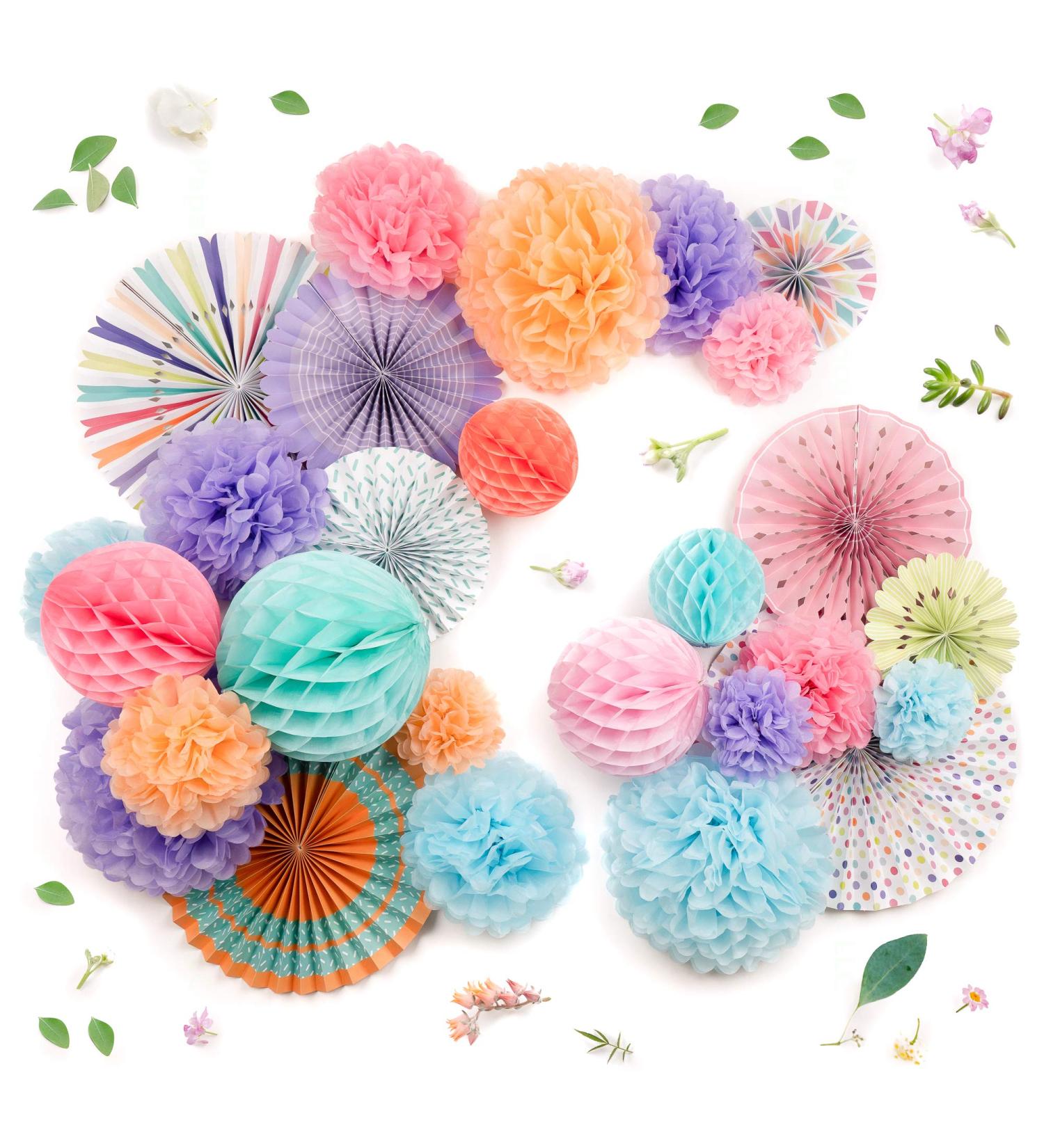 PapaKit Deluxe Origami Large Wall Decoration Set - 26 Assorted Paper Fans & Pom-poms for Parties and Events | Festive Colors Mixed Patterns - 26 Piece Set - Buy Online on GoSupps.com