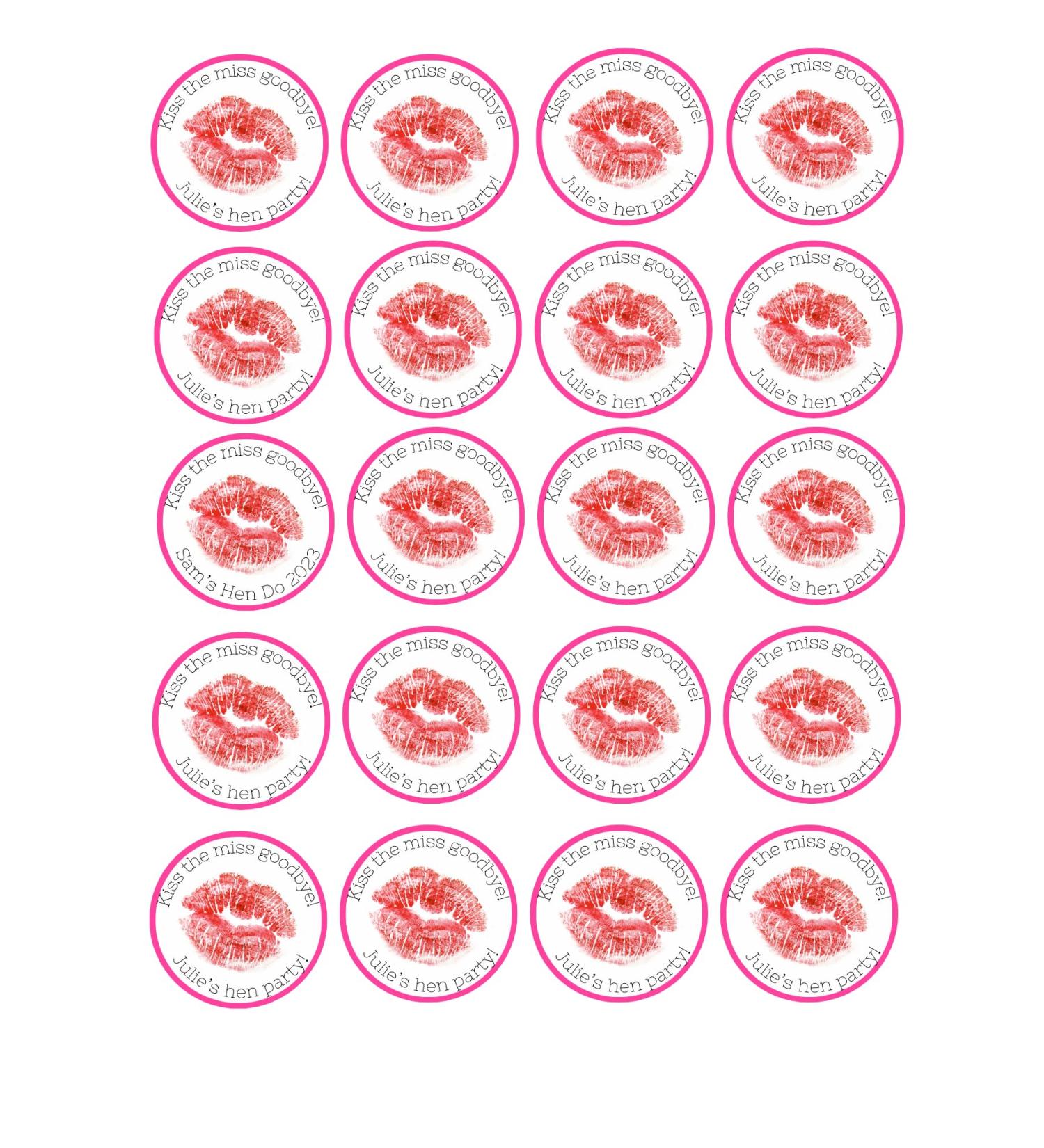 edible 20 x HEN PARTY Personalised cupcake toppers UNCUT - KISS THE MISS GOODBYE (icing paper)