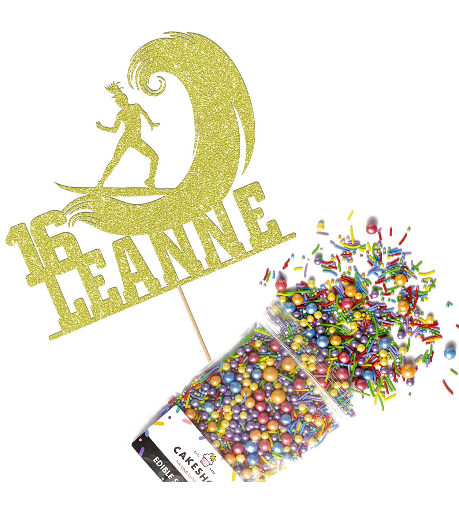 Cakeshop Cake Decoration Pack | Surfer Surfing Theme Premium Double Sided Glitter Card Cake Topper & 25g Party Pack of Cake Sugar Sprinkles | Custom Name & Age Cake Decorations (Champagne) Non-Prime Glitter Card: Champagne - Buy Online on GoSupps.com