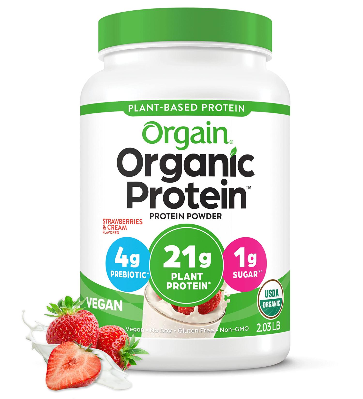 Orgain Organic Vegan Protein Powder - Strawberries & Cream | 21g Plant Based Protein | Low Net Carbs | Gluten & Lactose Free | No Sugar Added | Soy & Non-GMO | 2.03 Lb - Buy Online on GoSupps.com