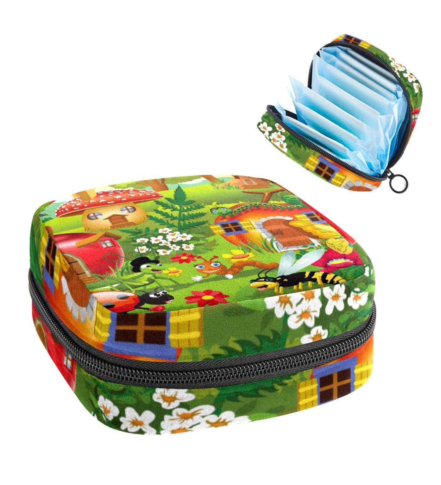 Womens Bonds Storage Pockets Still Pad - Cartoon Insect Mushroom Caterpillar Butterfly Portable Period Kit Bag | Feminine Product Organizer for Girls - Buy Online on GoSupps.com
