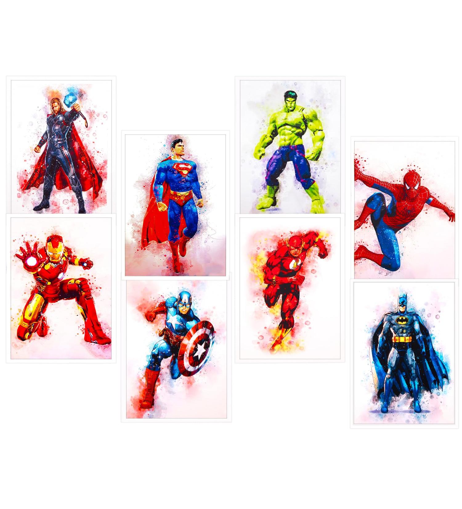 Yumcute Superheroes Watercolor Art Posters - 8-Piece Avengers Wall Decor for Kids' Bedrooms (A4 Unframed) - Buy Online on GoSupps.com