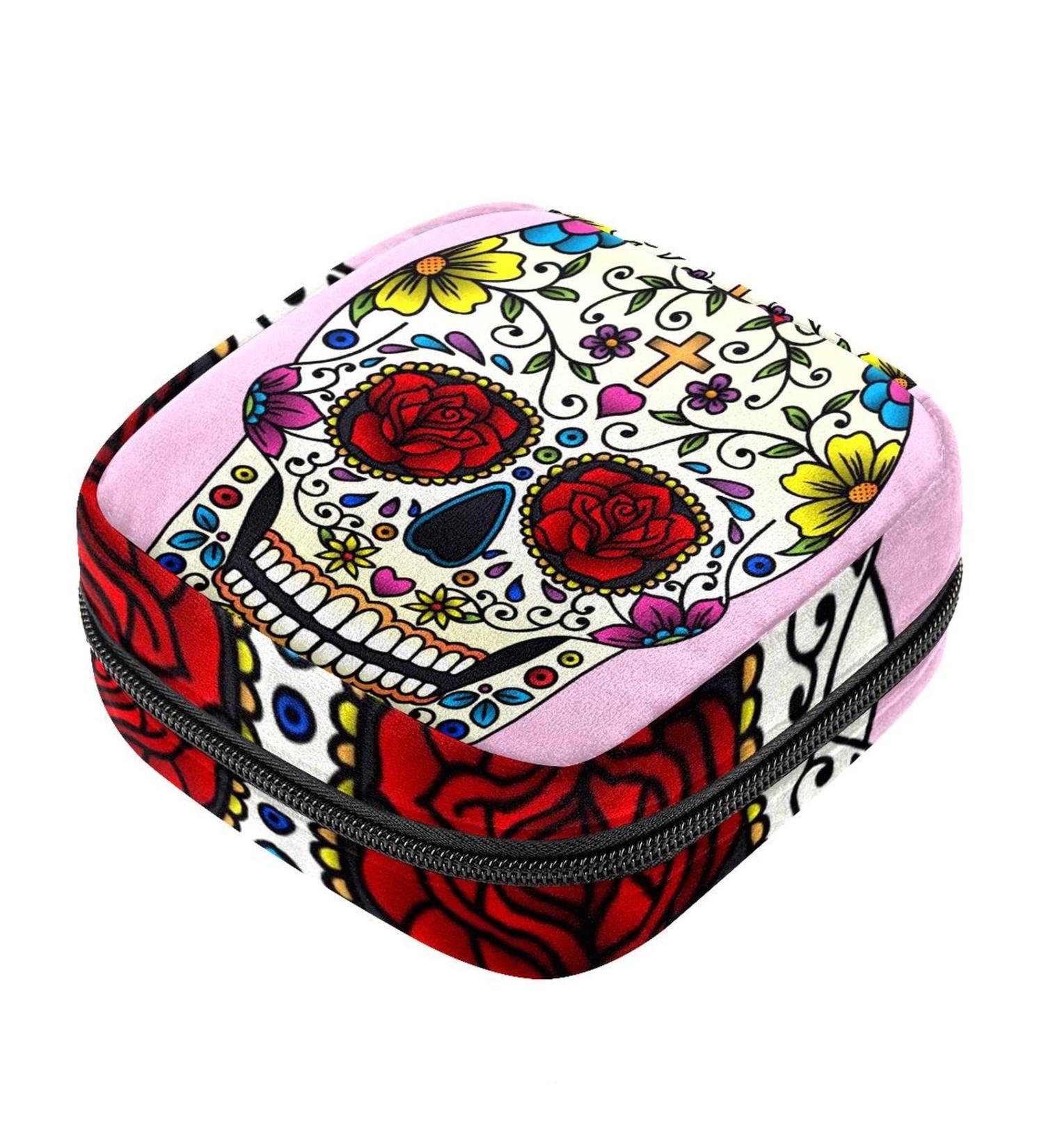 Menstrual Pad Bag with Zipper - Stylish Tampon Collection Pouch for Women & Girls (Sugar Skull) - Buy Online on GoSupps.com