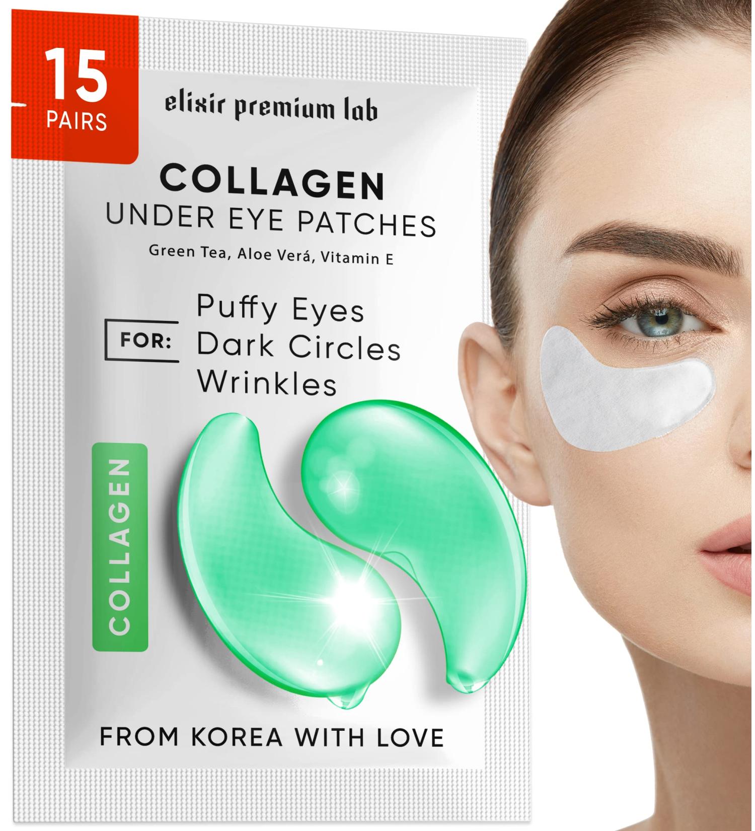 Premium Lab Collagen & Green Tea Under Eye Patches - Reduce Wrinkles, Dark Circles & Bags - 15 Pairs - Cooling Effect - Elixir - Buy Online on GoSupps.com