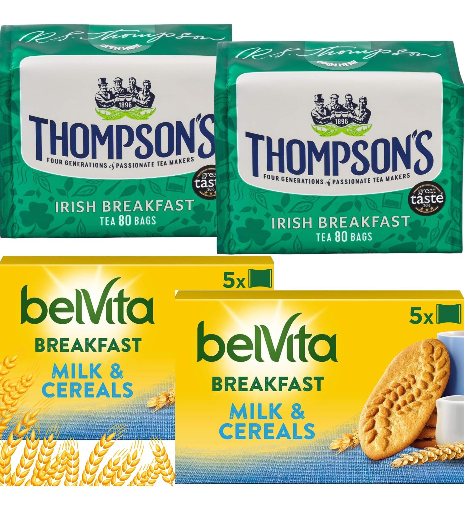 Thompsons Irish Breakfast Tea Bags (2 x 80) Bundeled with Belvita Breakfast Biscuits Milk and Cereals (2x5x4) Everyday Biscuits and Assam Tea Bags - Buy Online on GoSupps.com