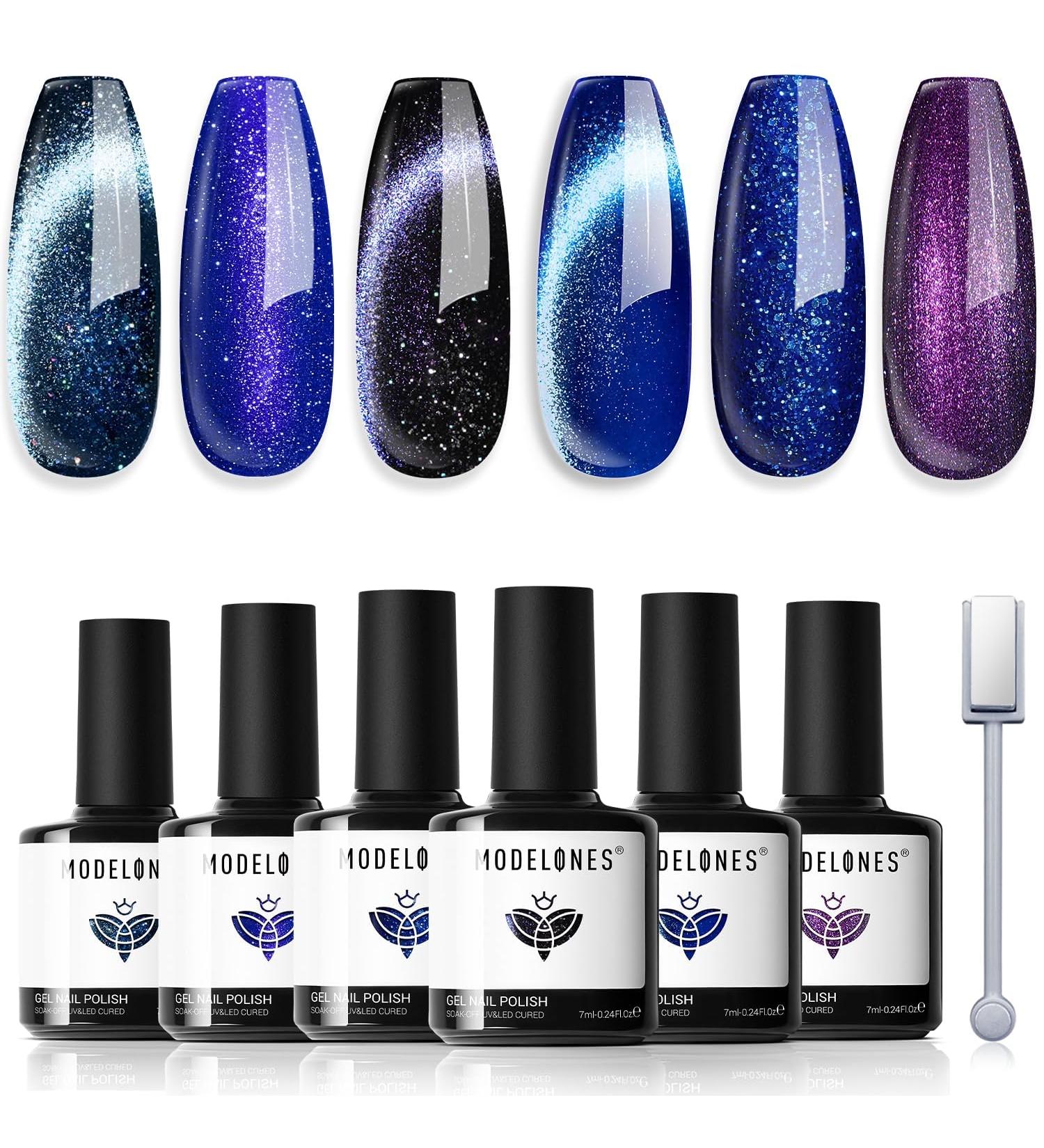 Modelones Gel Nail Polish 6 Colors Cat Eye Black Purple Blue Glitter Gel Polish Fall Winter Dark Blue Nail Gel with Magnet Soak Off Led Nail Art DIY Salon Gifts For Women Girl Black Dark Blue - Buy Online on GoSupps.com
