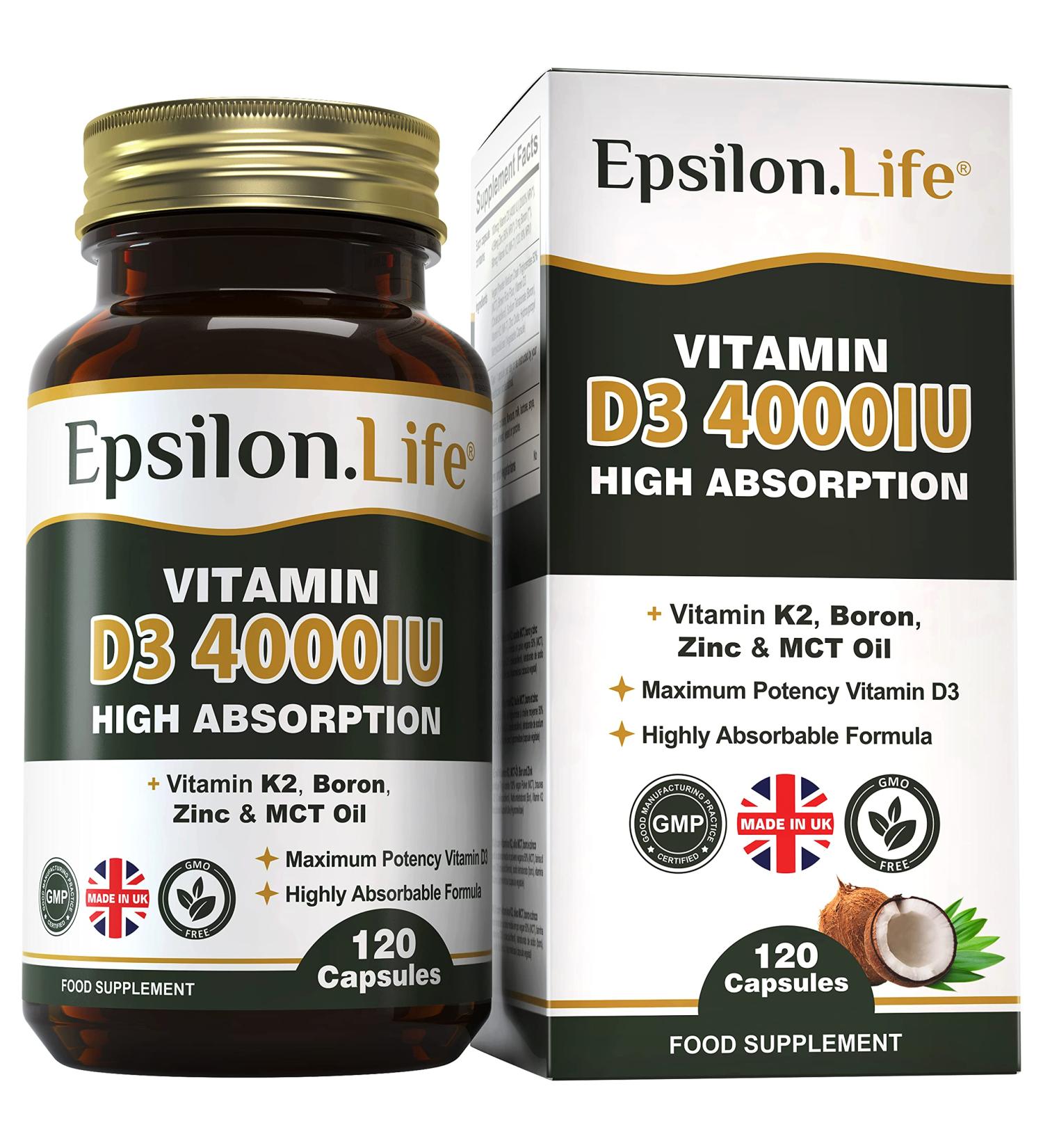 Vitamin D3 K2 Zinc Supplement - High Strength Formula with Vitamin K2 Mk7, Zinc, Boron, and MCT Oil - 4000IU - 120 Capsules - Made in the UK - Buy Online on GoSupps.com
