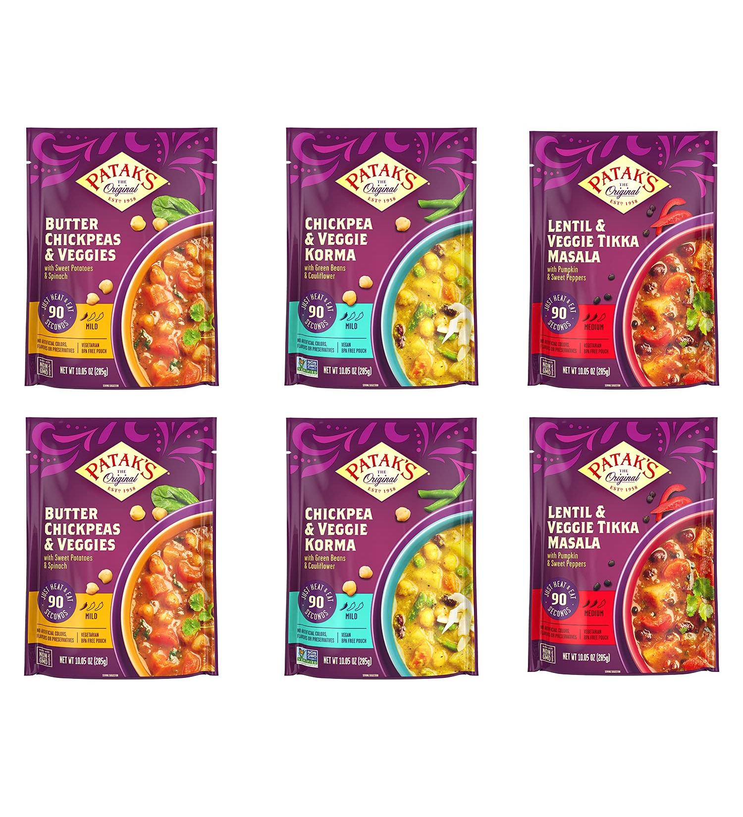 Patak's Vegetarian Meals 10.05oz Variety Pack - Butter Chickpeas, Veggie Korma, Lentil & Tikka Masala - Ready to Heat in 90 Seconds - Pack of 6 - Buy Online on GoSupps.com