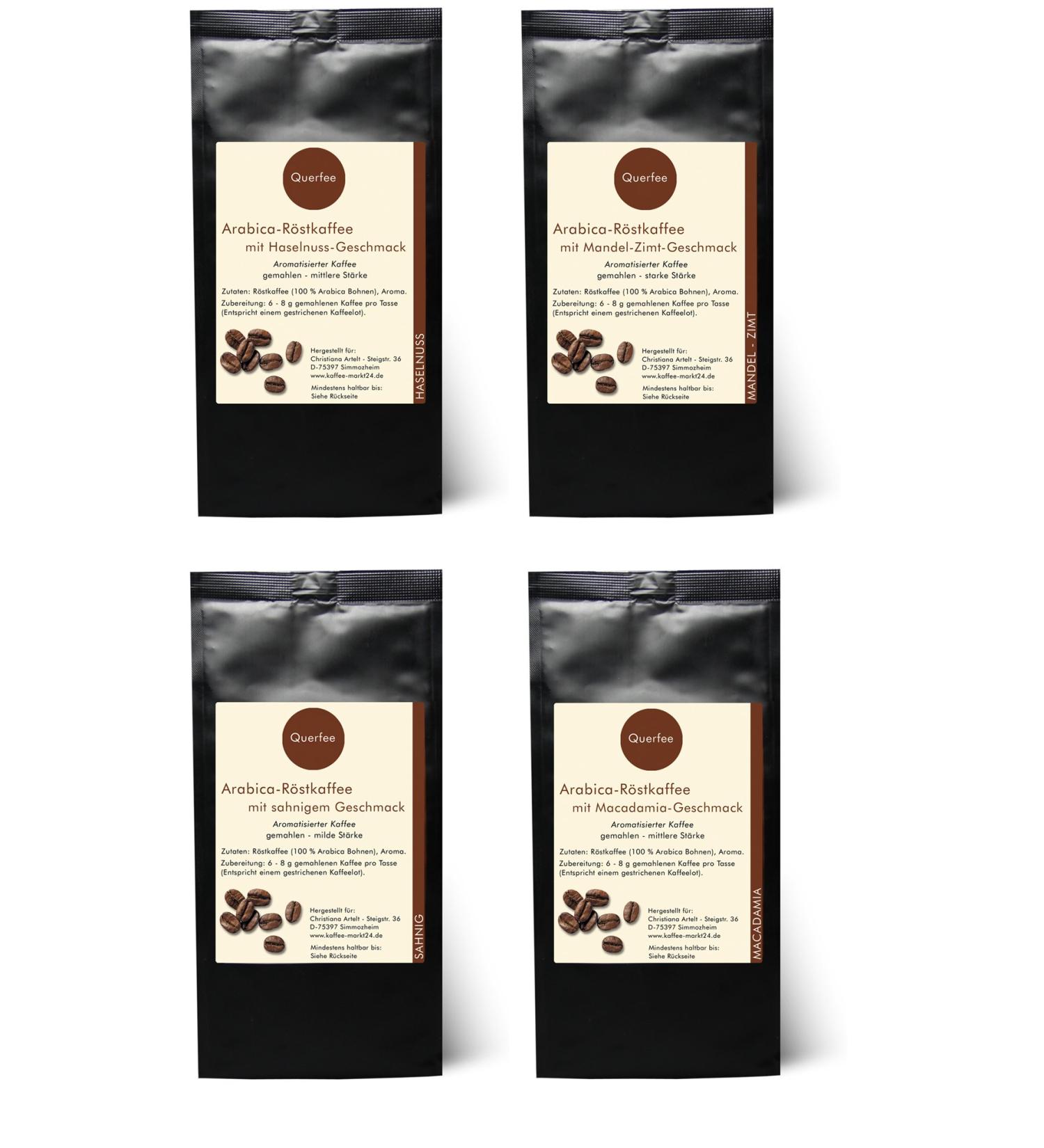 Coffee gift set - 4 x coffee with taste - hazelnut almond cinnamon cream Macadamia - Arabica roasted coffee with aroma - ground - 4 x 75 g (300 g total)