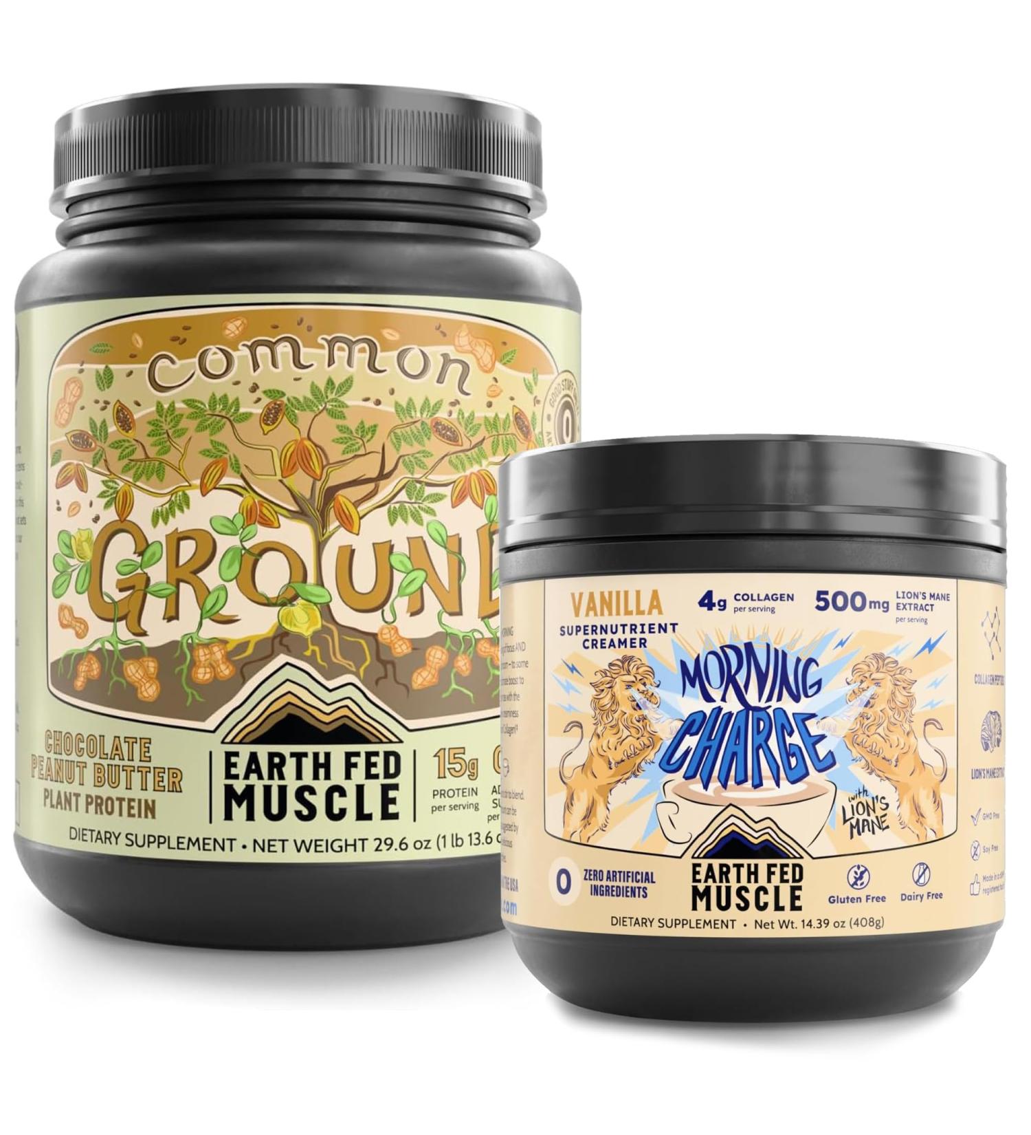 Earth Fed Muscle Plant-Powered Wellness Bundle Common Ground Vegan Protein Powder (Chocolate Peanut Butter) & Morning Charge Coffee Creamer with Collagen & Lion s Mane Daily Energy Focus & Recove
