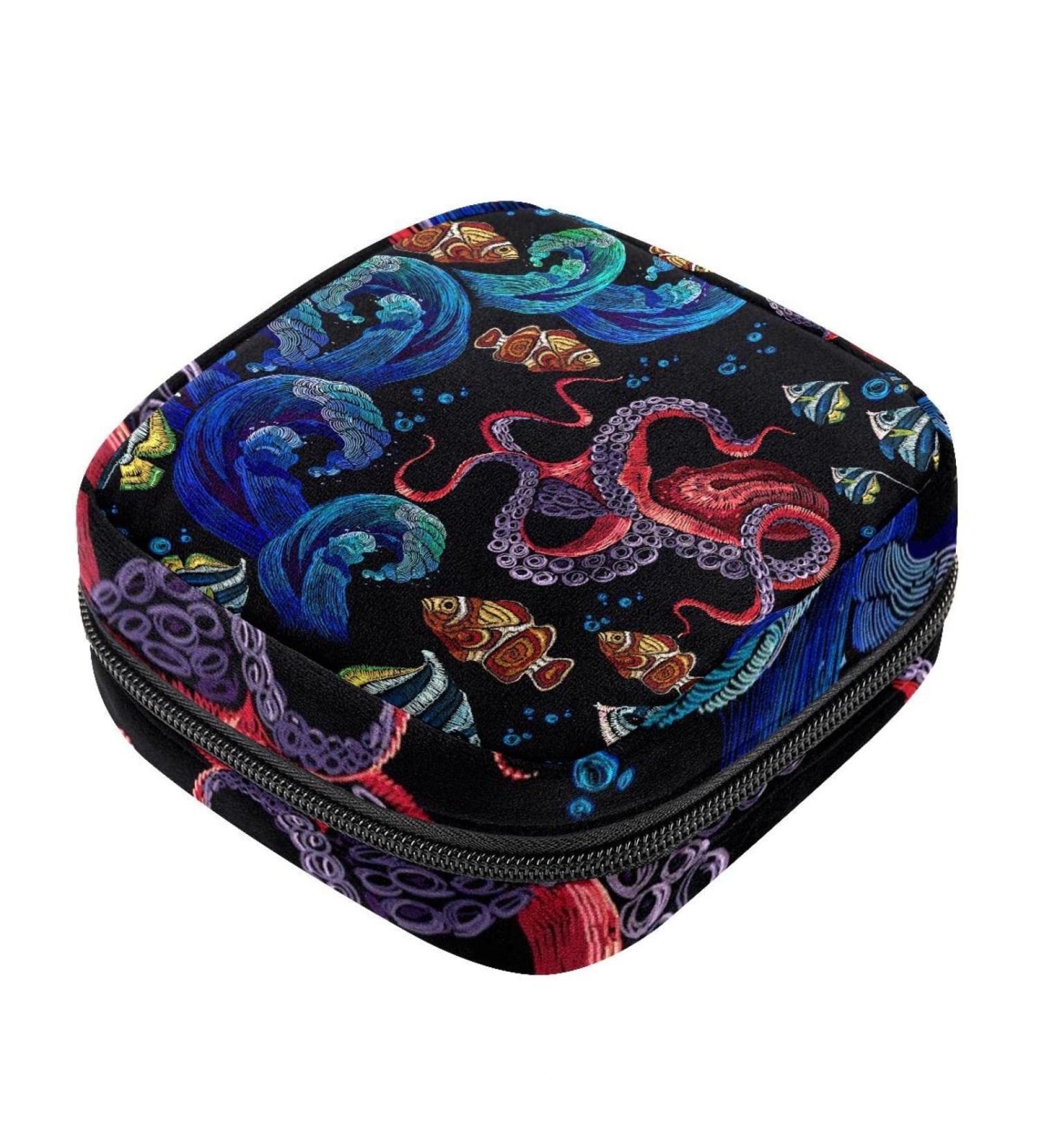 Octopus Sea Wave Tropical Fish Sanitary Napkin Storage Bag | Portable Period Pouch for Women & Teens - Menstruation Cup & Nursing Pad Holder - Buy Online on GoSupps.com