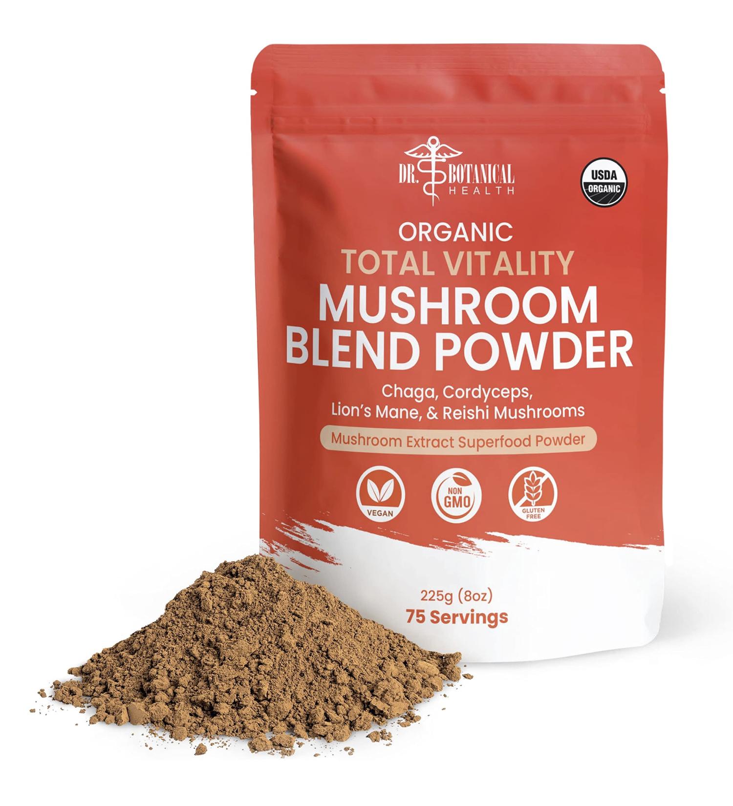 Organic 4-in-1 Mushroom Powder Blend for Immune Boost & Brain Support - Reishi, Lion's Mane, Cordyceps, Chaga Supplement Extract Complex - Buy Online on GoSupps.com
