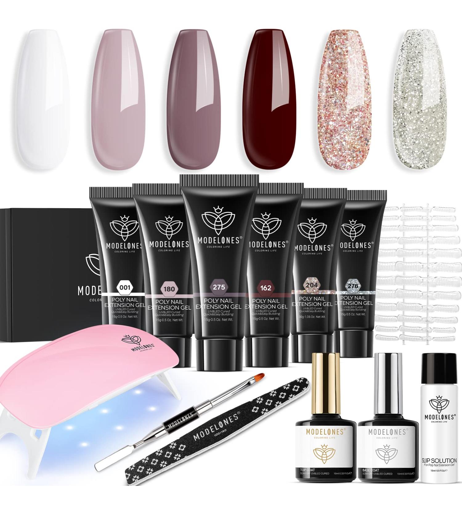 Modelones Poly Nail Gel Kit with Nail Lamp - 6 Colors Burgundy Red Brown Champagne Gold Builder Gel Kit for Fall & Winter | Nail Extension, French Manicure DIY at Home - Buy Online on GoSupps.com