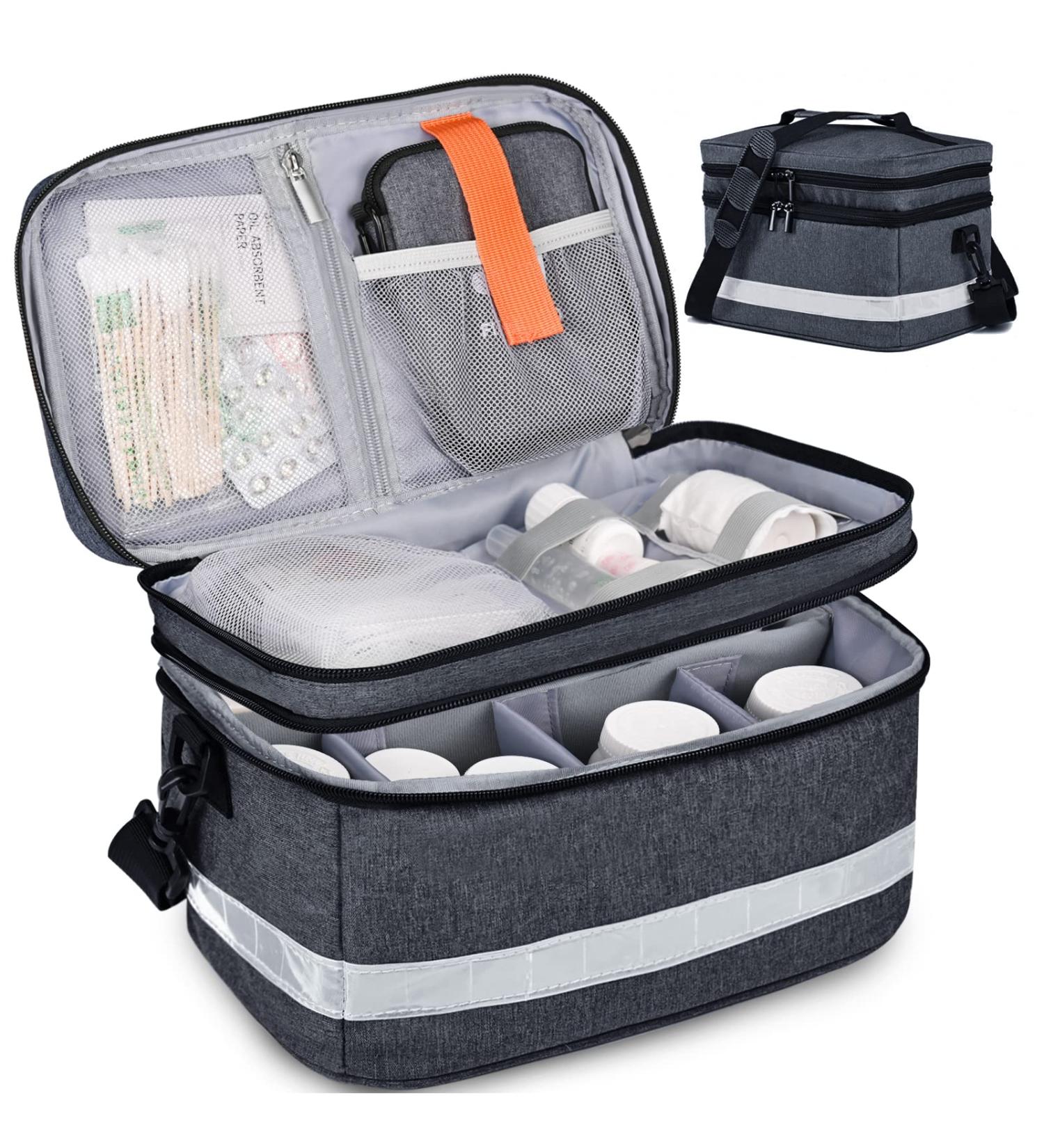 Portable Medication Organizer Storage Bag - Travel Pill Bottle Holder with Strap - Family First Aid Box (Grey - Buy Online on GoSupps.com