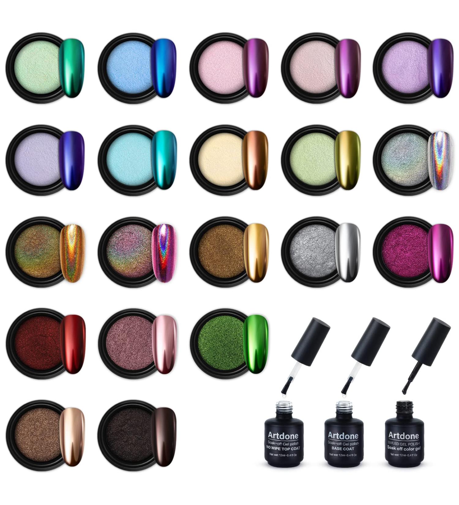 Artdone 20 Jars Chrome Nail Powder Kit with Base & Top Coat - Metallic Mirror Effect Holographic Pigment for Nail Art Gel Polish - 1g/Jar - Buy Online on GoSupps.com