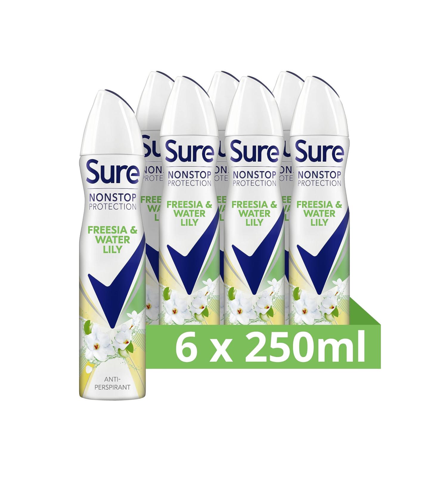 Sure Women Nonstop Protection Freesia & Water Lily Antiperspirant Deodorant Aerosol pack of 6 deodorant for women for 72-hour sweat and odour protection 250 ml Freesia & Water Lily 250 ml (Pack of 6) - Buy Online on GoSupps.com