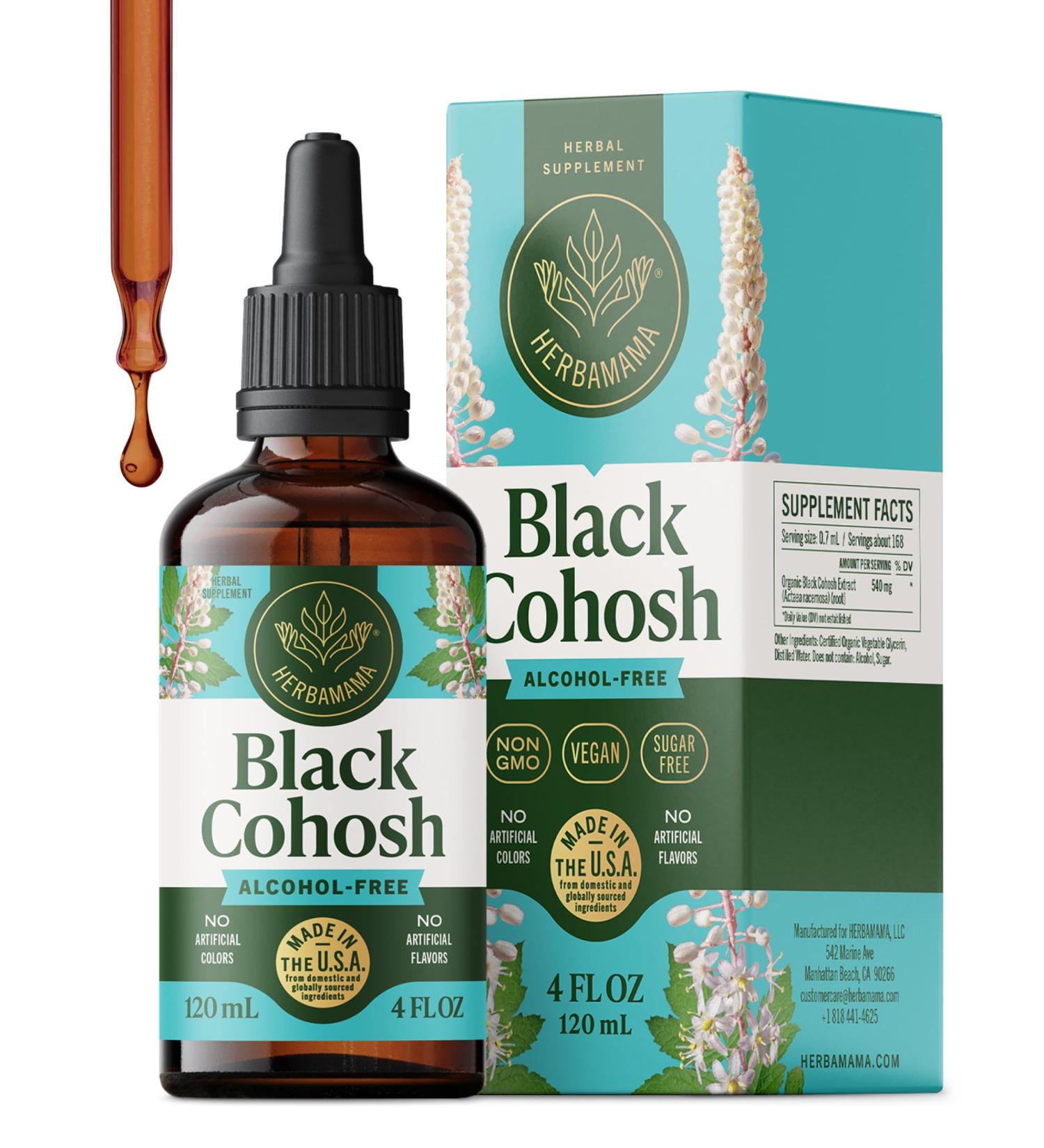 HERBAMAMA Black Cohosh Tincture - Vegan Women's Support with Black Cohosh Root Extract Drops - Non-GMO Alcohol & Sugar-Free Liquid Herbal Supplement 168-Day Supply 4 Fl Oz (Pack of 1) - Buy Online on GoSupps.com
