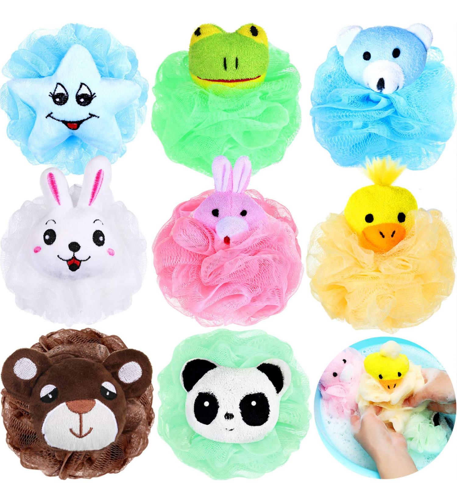 8-Piece Animal Kids Bath Sponges Set - Colorful Cartoon Loofah Bath Pouf Mesh Scrubber Balls for Kids and Adults - Buy Online on GoSupps.com