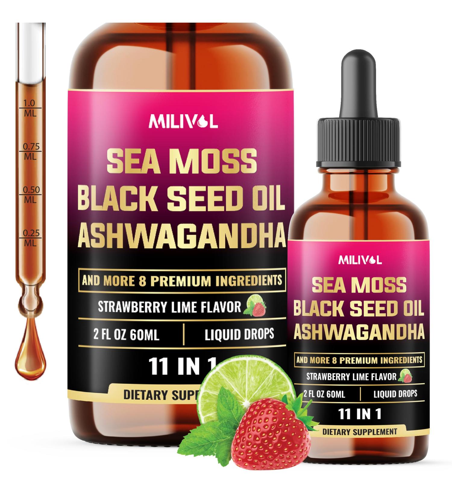 MILIVOL 11in1 Sea Moss Liquid Drops - Irish Sea Moss with Black Seed Oil, Ashwagandha & 8 Other - Supplement for Immune, Skin, Digestion - 2 Fl Oz - 60 Days - Buy Online on GoSupps.com