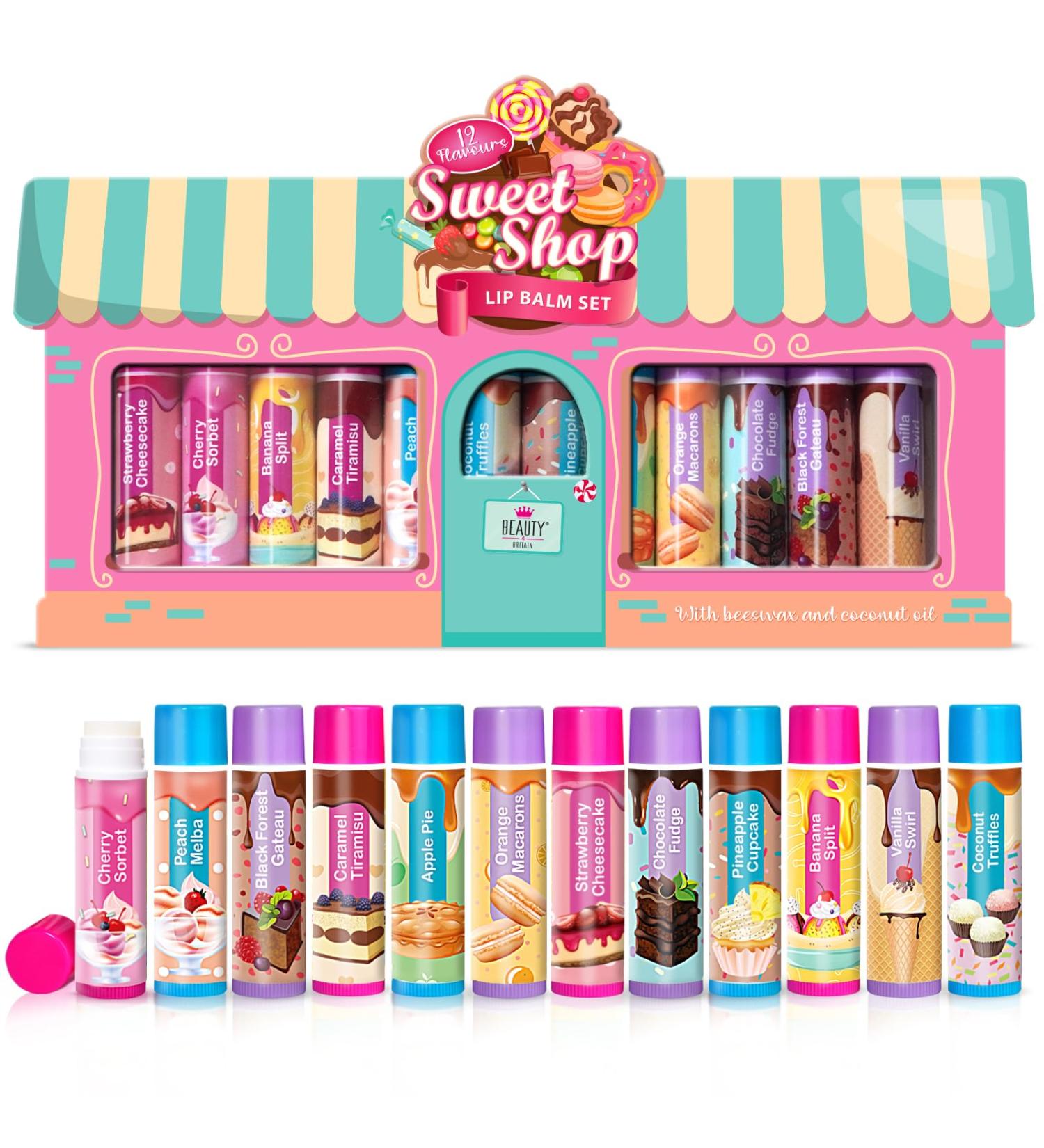 Beauty4Britain Kids Lip Balm Set Sweet Shop - 12 Different Dessert Flavours Beeswax & Coconut Oil Colourless for Girls and Boys - Buy Online on GoSupps.com