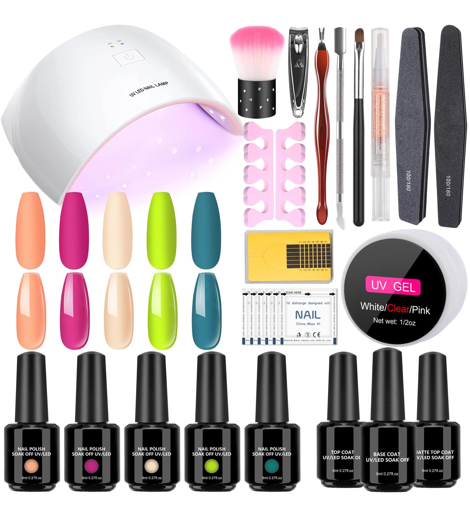 Psampa Gel Nail Polish Kit with 36W LED Dryer Lamp - 5 Color Starter Set for DIY Gel Nails - Base & Top Coat Included - Neon Light Designs - Perfect Gifts for Women - Buy Online on GoSupps.com