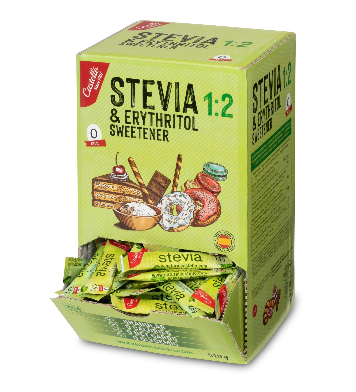Castello since 1907 Stevia Erythritol Sweetener 204 sachets 2.5g - Natural Sugar Substitute - Keto Paleo Friendly - 0 Calories 0 Glycemic Index - Non-GMO - 510g - Buy Online on GoSupps.com