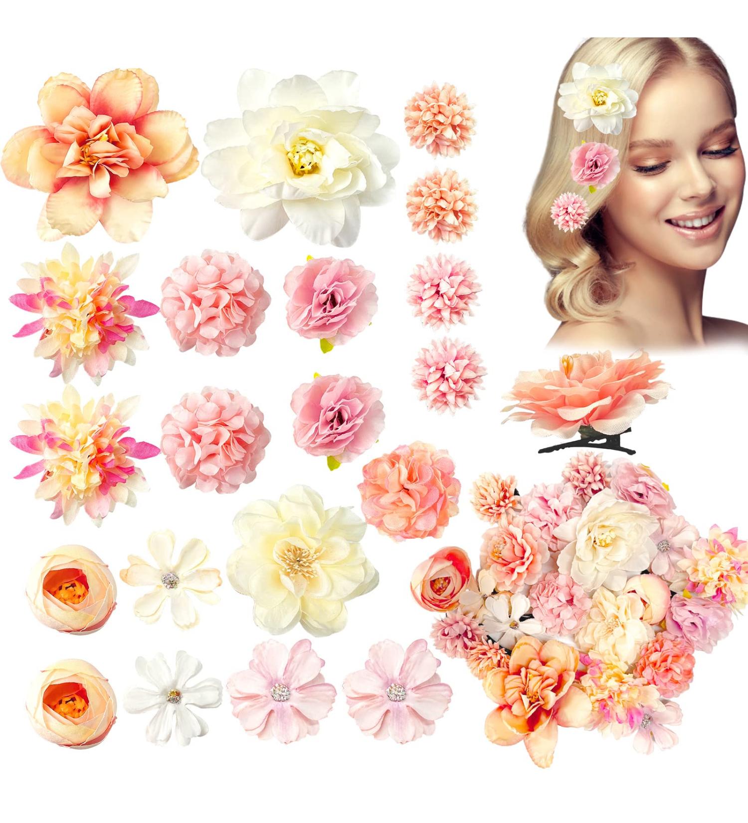 HFYZZ 21 Pack Chiffon Rose Flower Hair Clips - Bride Floral Hair Barrettes for Wedding Beach Party Decor (Pink and White) - Buy Online on GoSupps.com