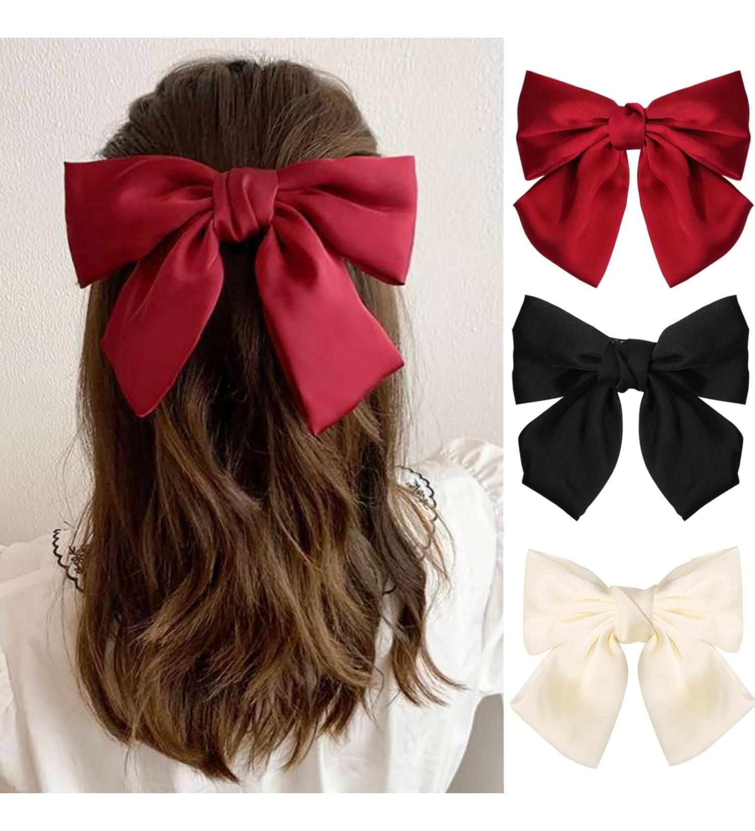 3 Women Bow Hair Clips French Fabric Hair Clips for Women Hair Clips with Bow Elegant Satin Hair Accessories for Girls (Black+Red+White) - Buy Online on GoSupps.com
