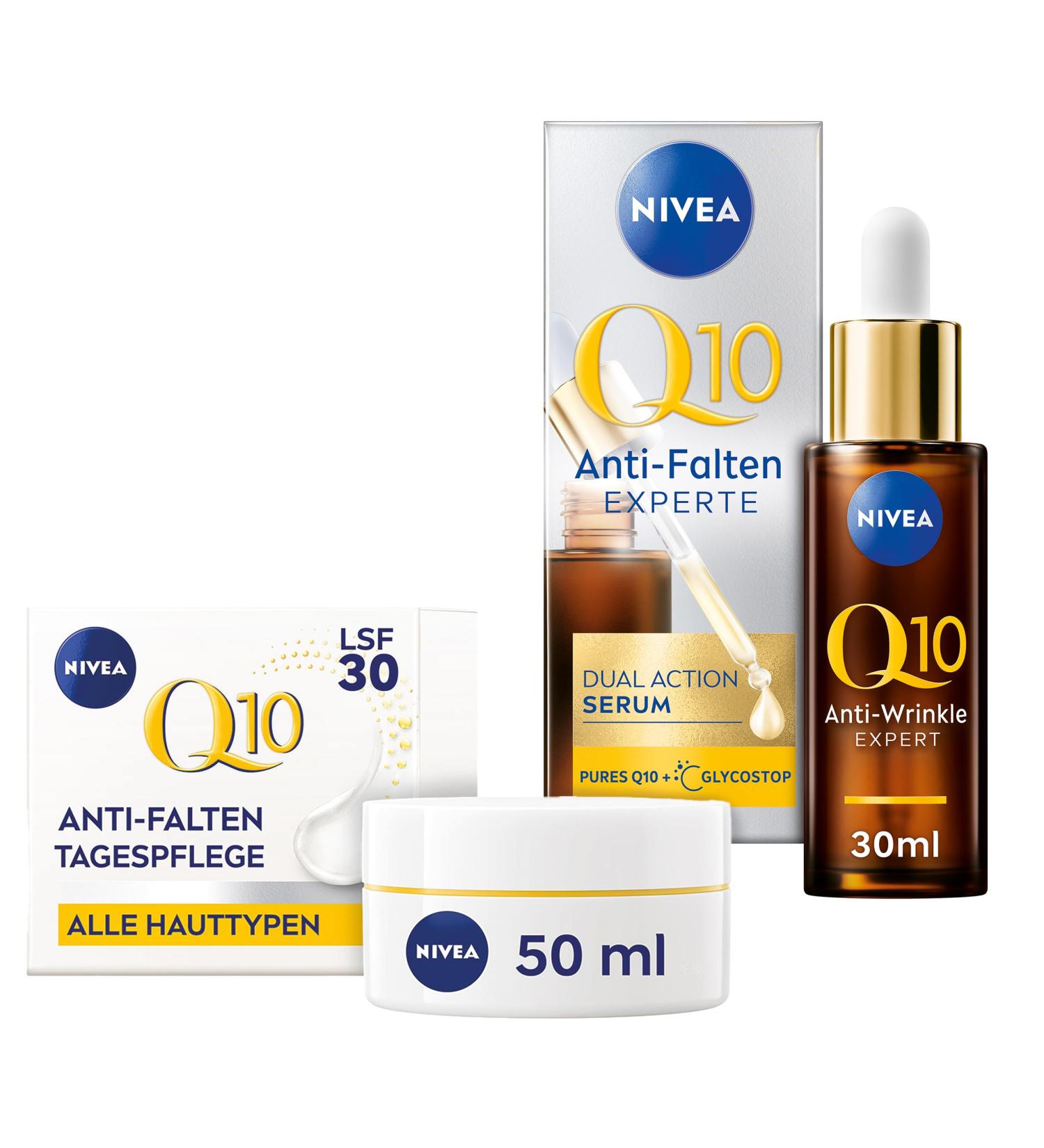NIVEA NIVEA Q10 Anti-Wrinkle Facial Care Kit with Q10 Day Cream & Creatine & Firming Serum with Anti Ice Cream Technology Facial Softens & Prevents Wrinkles Skin Care