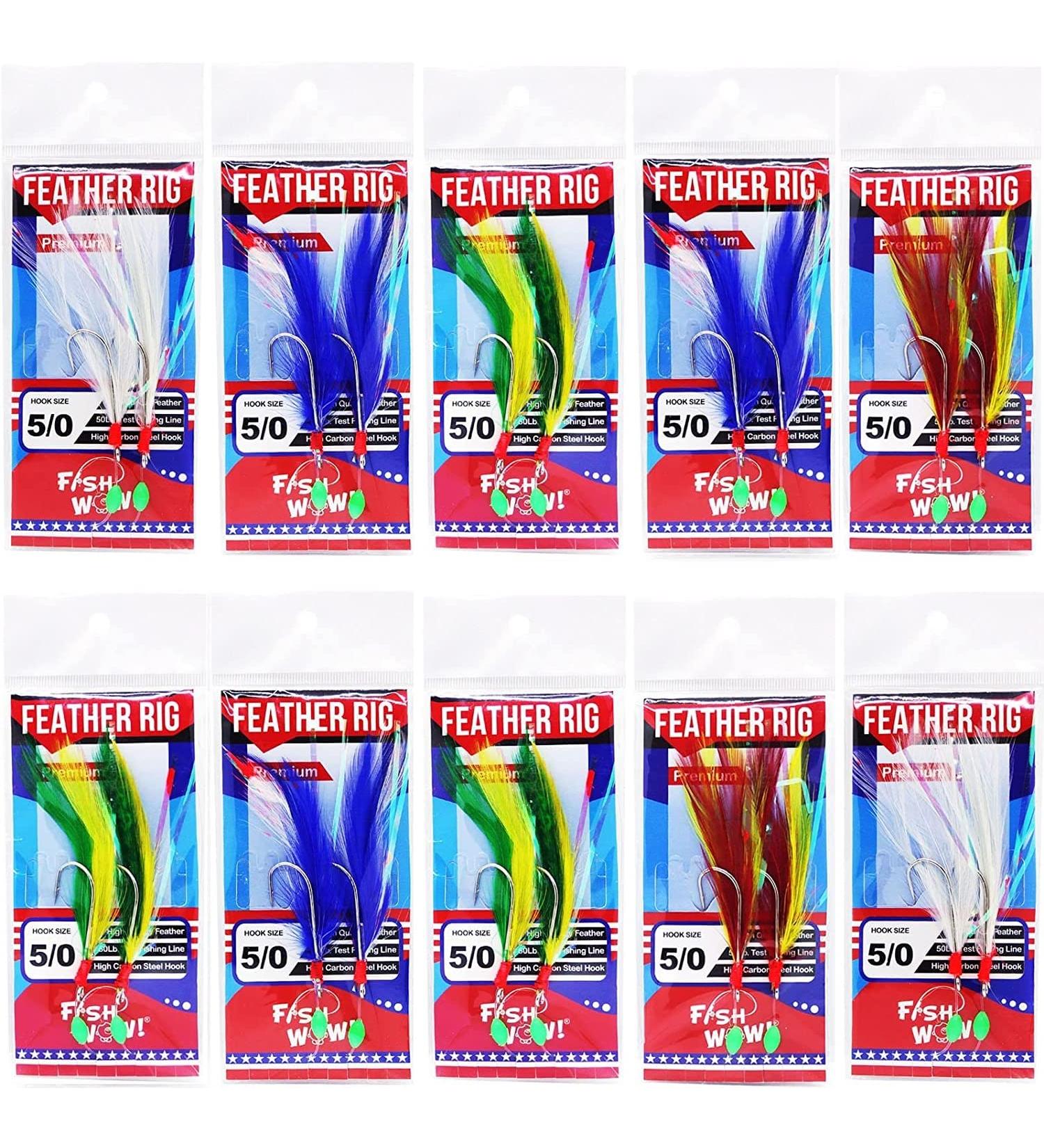 Fish WOW! 10pk Colors Fishing Feather Rockfish Rig with 5/0 High-Carbon Hooks - Buy Online on GoSupps.com