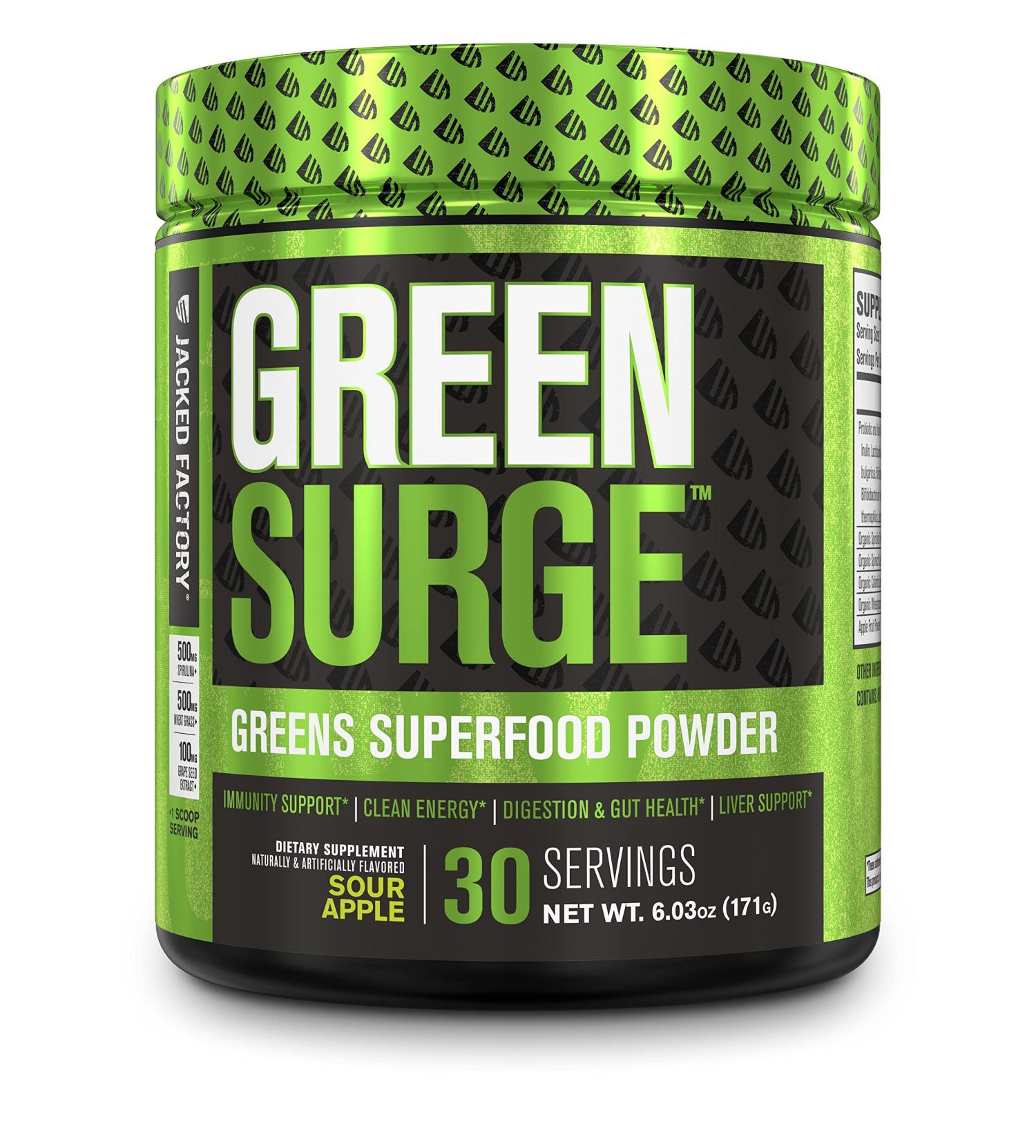 Green Surge Superfood Powder - Organic Greens Blend with Spirulina, Barley Grass & Probiotics - Keto Friendly - Sour Apple Flavor - 30 Servings - Buy Online on GoSupps.com