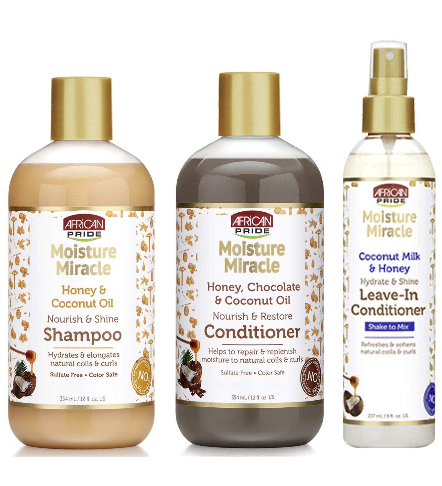 African Pride Moisture Miracle Shampoo Conditioner and Leavein Conditioner SET Coconut Oil Honey Chococlate Coconut Oil and Milk - Buy Online on GoSupps.com