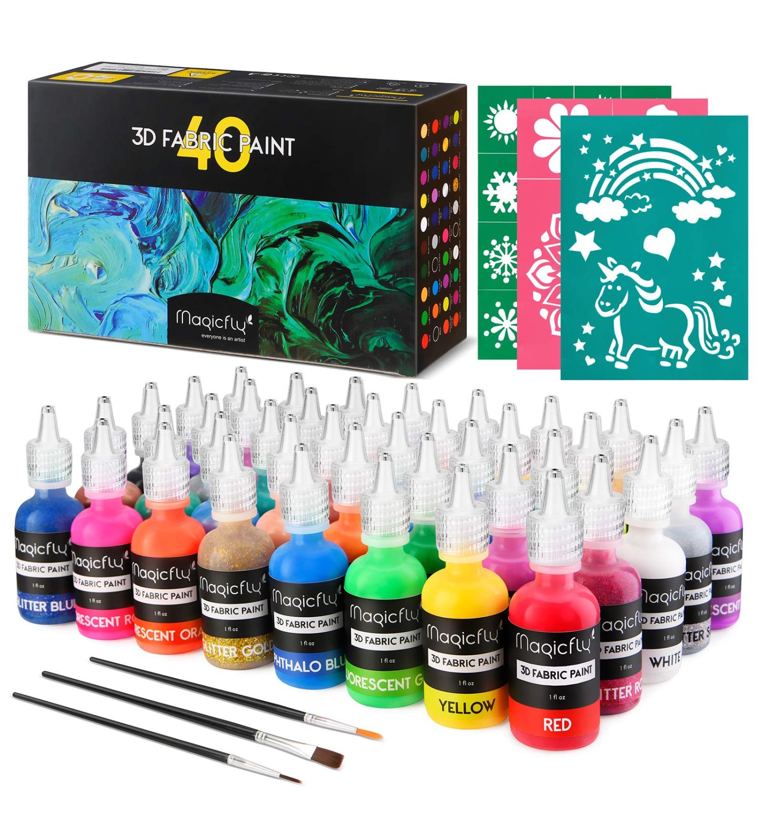 Magicfly 3D Fabric Permanent Paint Set - 40 Vibrant Colors with Brushes & Stencils - Ideal for Textiles, T-Shirts, Fabrics, Wood, Glass - 1oz Each (Pack of 40) - Buy Online on GoSupps.com