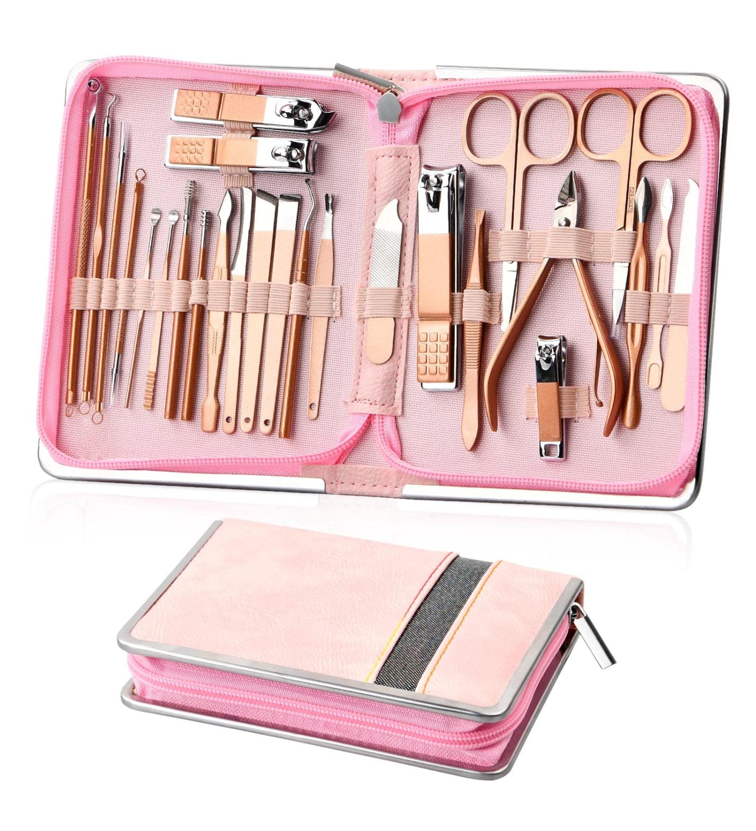 Anseom Manicure Set 26-Piece Professional Nail Clippers Kit Stainless Steel Tool Set for Nail Care Pedicure Set Foot Care Nail Set for Cuticle Cleaning Zip Pockets (Rose) - Buy Online on GoSupps.com