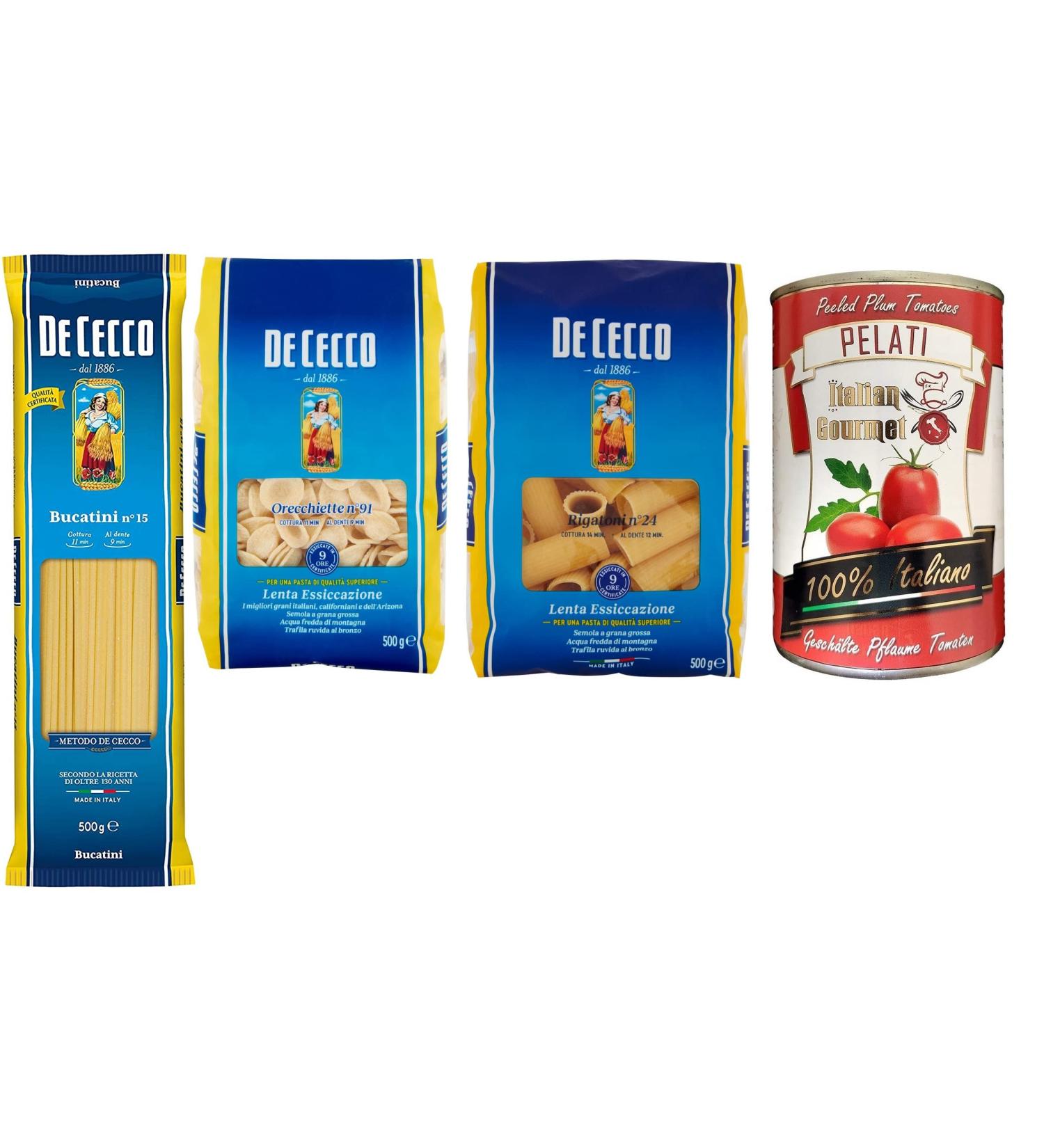Italian Gourmet ER TEST PACKAGE De Cecco Pasta 1x Rigatoni 1x Orecchiette 1x Bucatini 3 x 500 g + 1x Italian gourmet 100 Italian peeled tomato cans 400 g - Buy Online on GoSupps.com