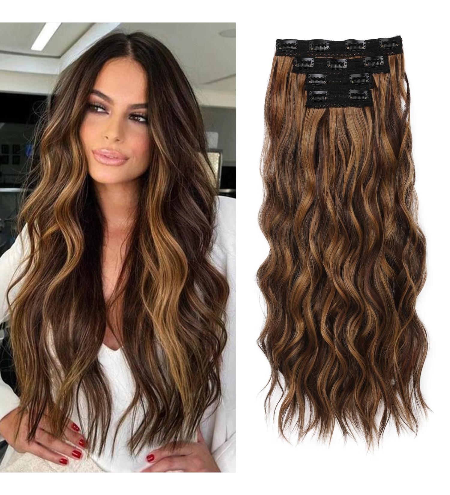 Reecho Clip-In Hair Extensions - 60cm Thick Long Beach Waves Dark Chocolate Brown with Golden Highlights - 4PC Set for Effortless Style - Buy Online on GoSupps.com