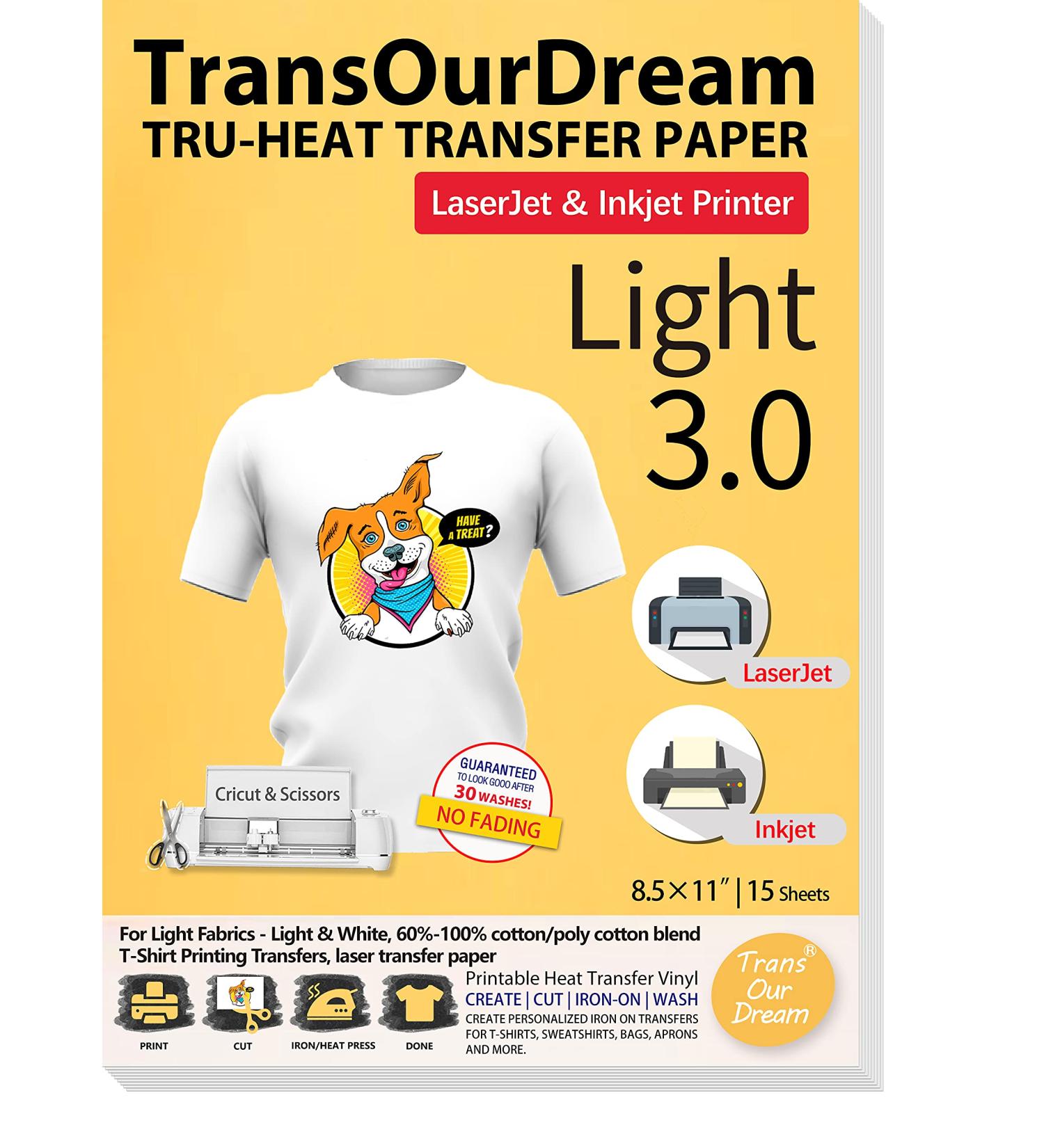TransOurDream Iron on Heat Transfer Paper for T Shirts - Light 3.0 - 15 Sheets 8.5x11 | Printable HTV for Inkjet & Laserjet Printer - Buy Online on GoSupps.com