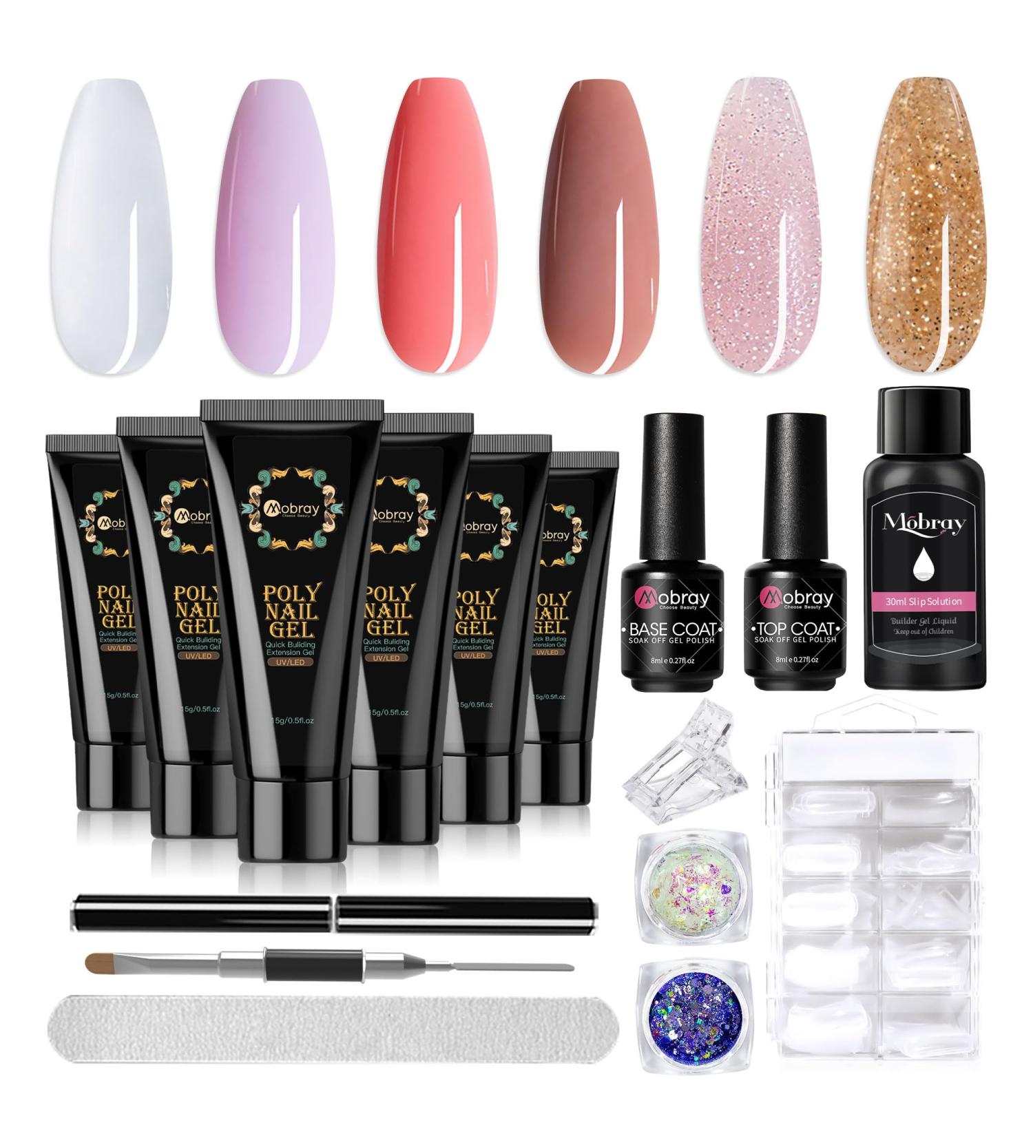 Shop Mopray Poly Nail Gel Set - 6 Color Acrylic Gel for Beginners & Professionals | Nude Gold & Transparent Starter Kit with Manicure Tools - Buy Online on GoSupps.com
