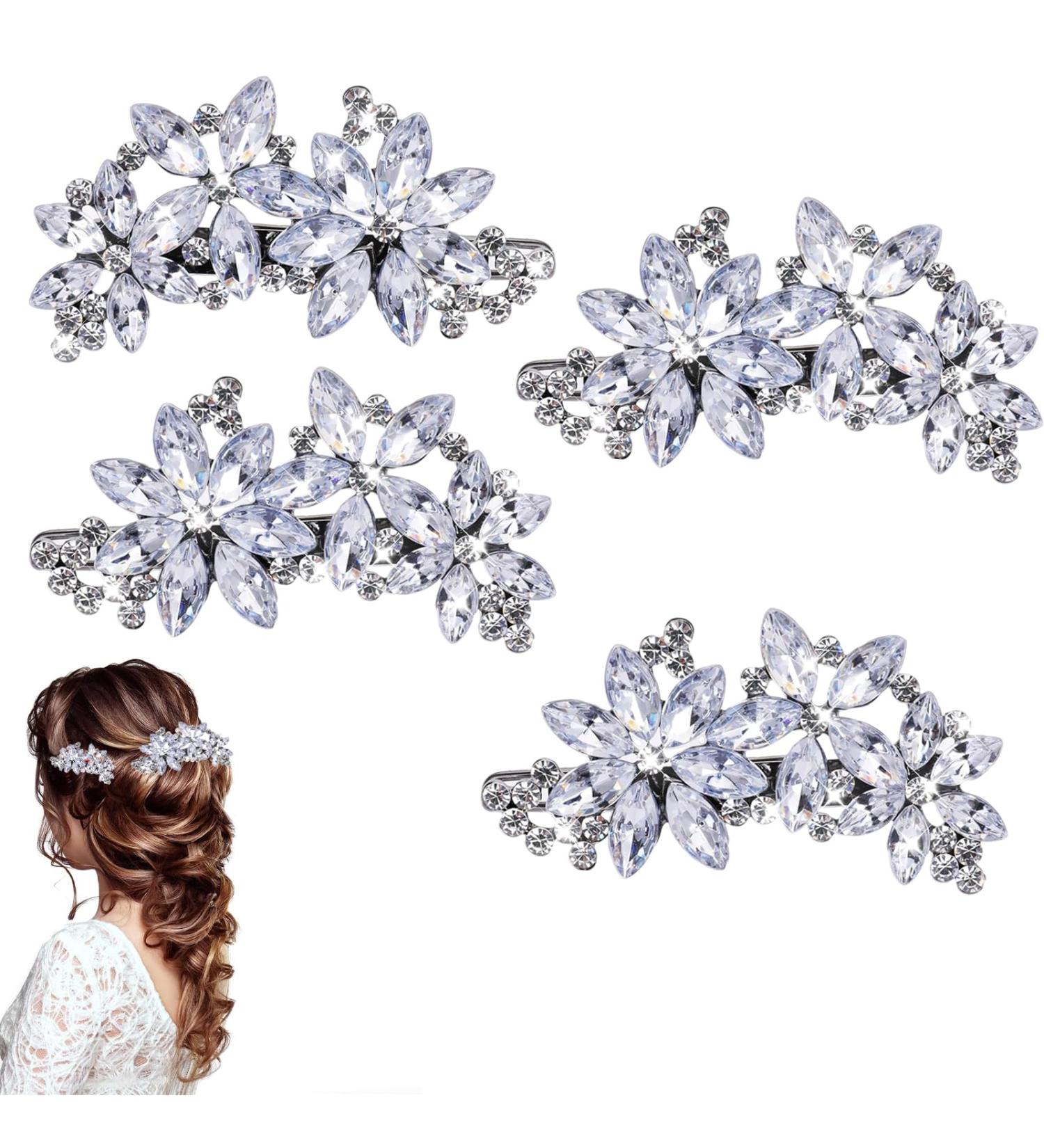 4PCS Diamante Hair Clips for Women Rhinestone Hair Clips Sparkly Hair Hairpin for Wedding Bridal Silver Bride Wedding Hair Accessories Hair Pins Crystal Flower Hair Clips - Buy Online on GoSupps.com
