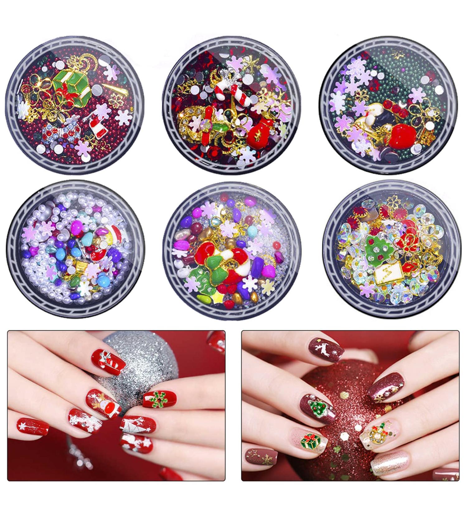 6 Boxes Christmas Nail Art Rhinestones EBANKU 3D Nail Crystal Jewels Metal Nail Studs Gems for Christmas Nails Art Decoration Supplies - Buy Online on GoSupps.com