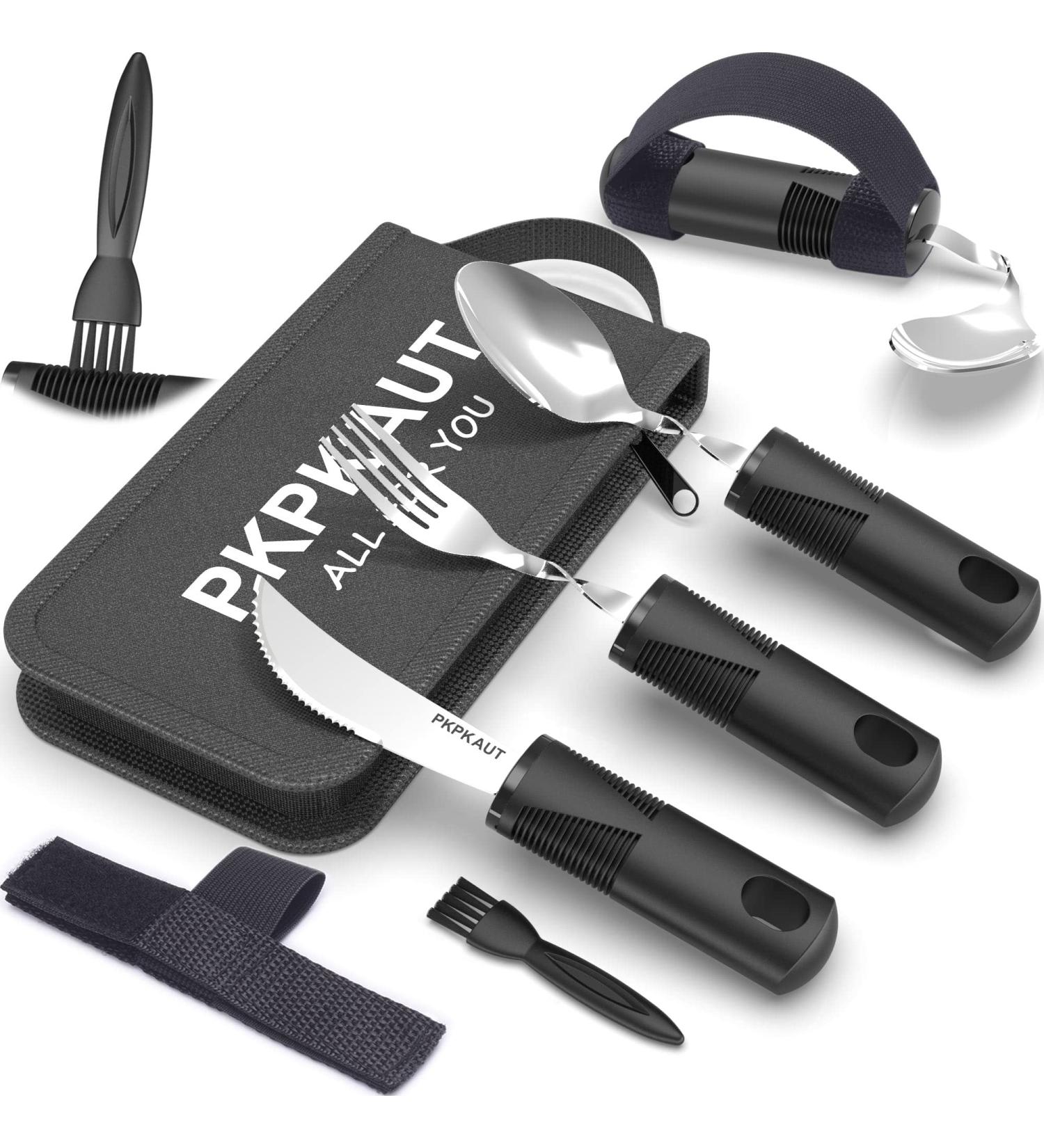 Pkpkaut Weighted Parkinson's Cutlery Set - Universal Cuff & Thick Grip Disabled Utensils for Seniors | Flexible 6-Part Set for Enhanced Control - Buy Online on GoSupps.com
