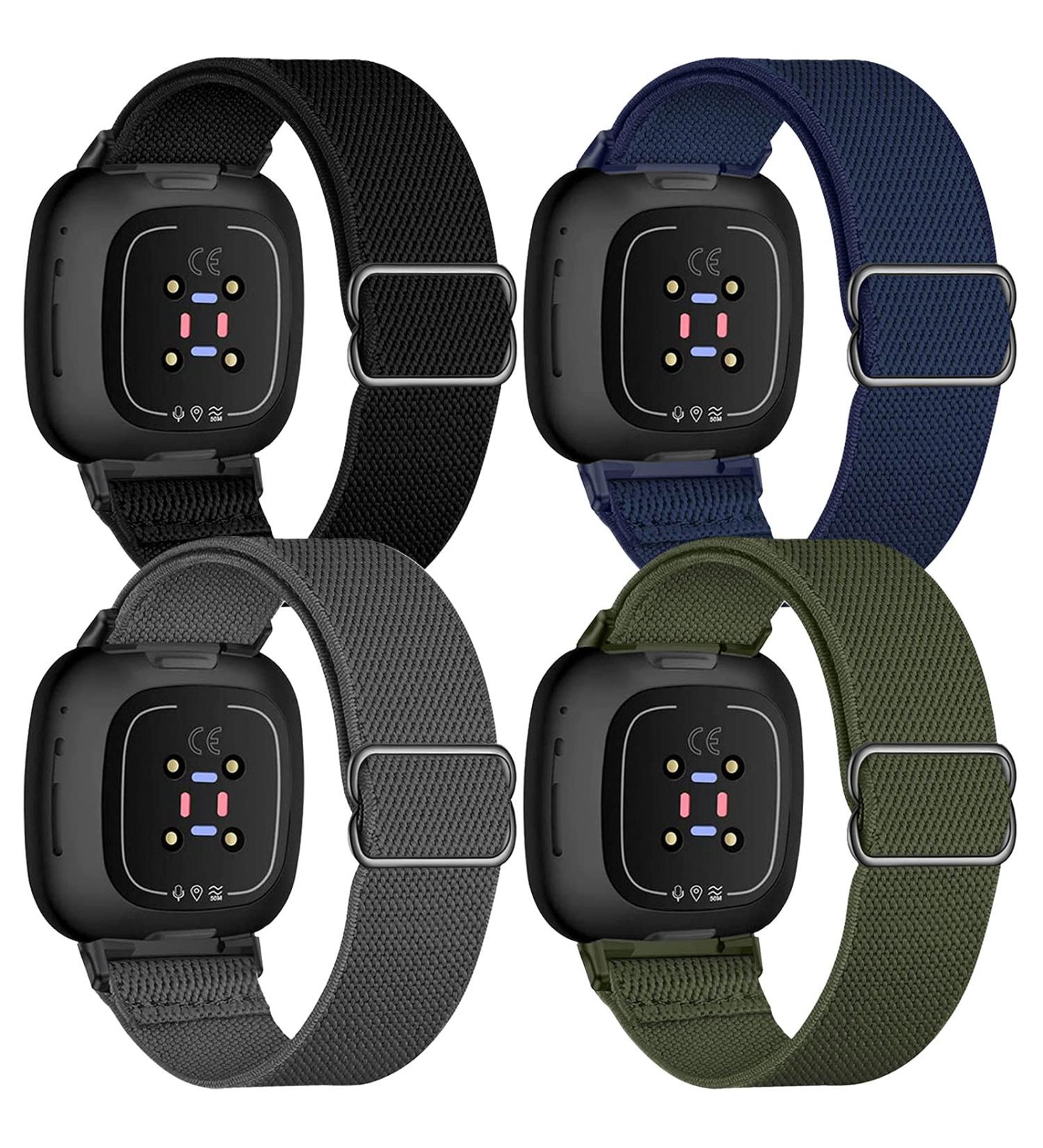 UHKZ 4 Pack Elastic Nylon Bands Compatible with Fitbit Versa 3/Versa 4/Fitbit Sense/Sense 2 Stretchy Fabric Sport Band for Fitbit Versa Smart Watch for Women Men Pure Black/Blue/Green/Grey For Versa 3/Versa 4/Fitbit Sense/Sense 2 Pure Black/Navy Blue/Gree - Buy Online on GoSupps.com